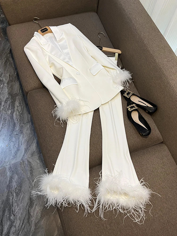 Women's Spring Satin Blazer & Straight Pants Two-Piece Suit Set with Feather Sleeves and Collar - Chic Office Wear & Formal Outfits for Business Women