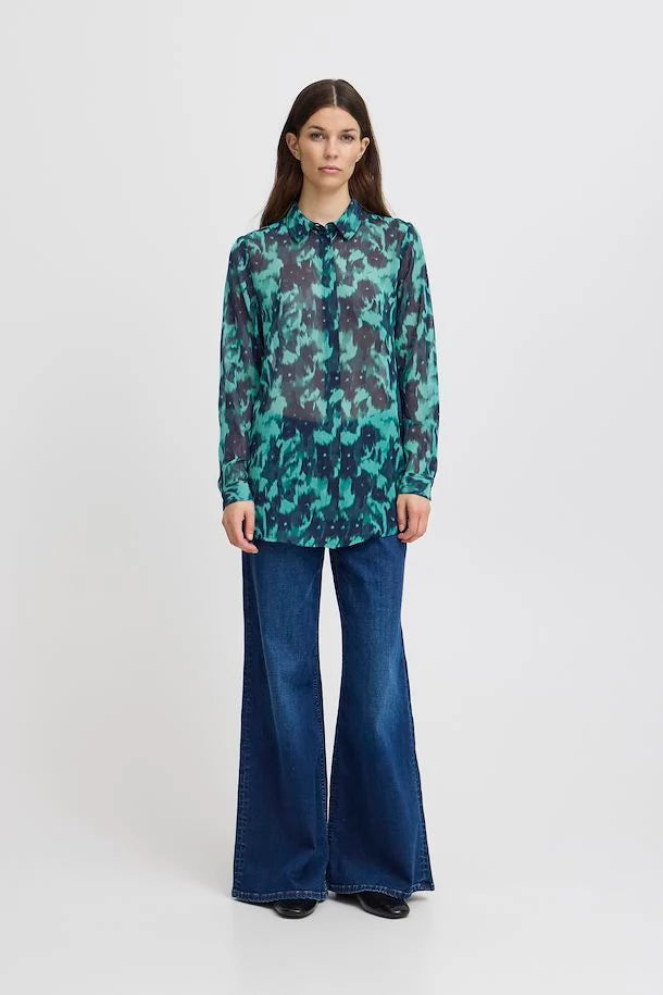 Floral Print Shirt for Women - Green, Blue, Slate Flower Design - Perfect for Spring Outfits, Casual Wear & Office Attire