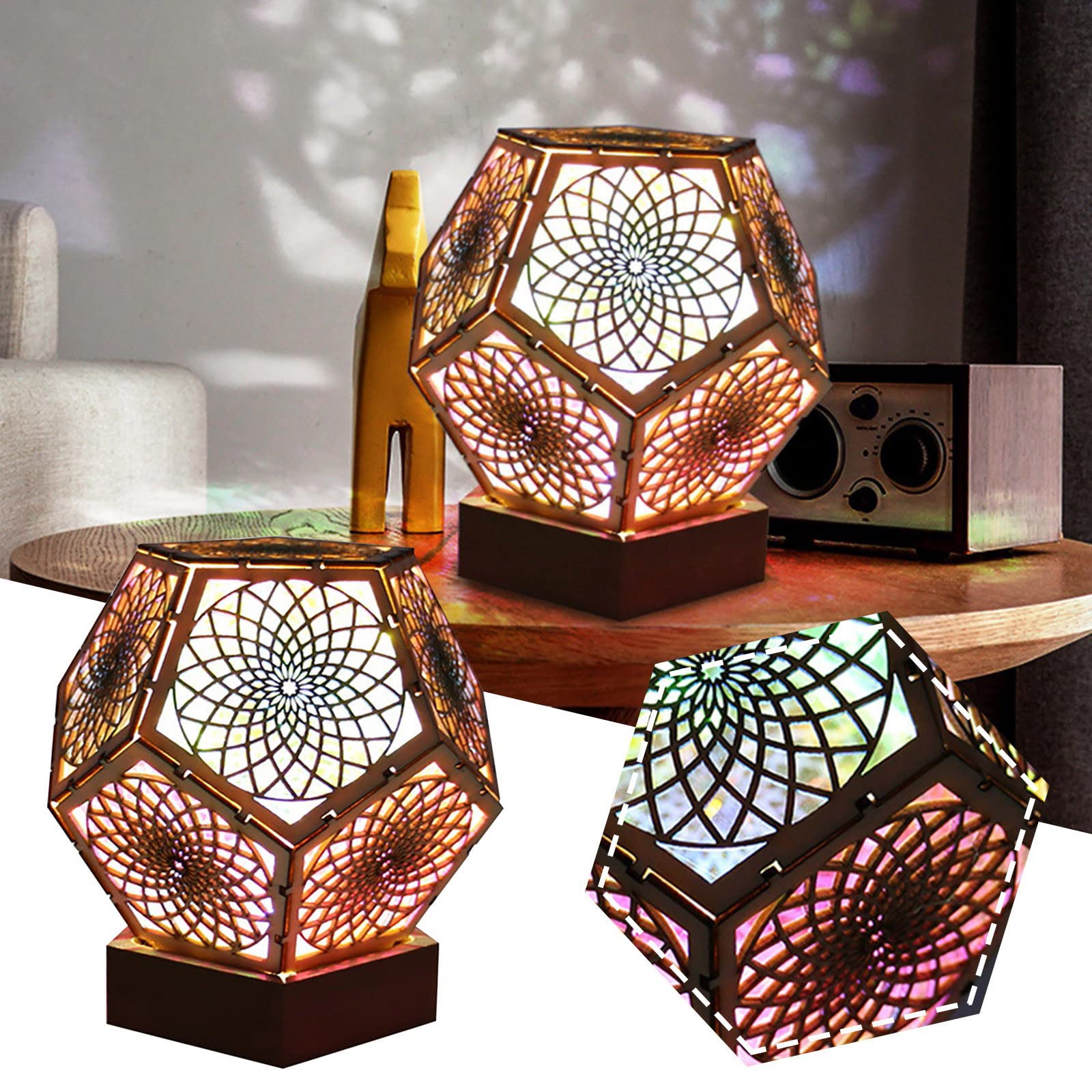 ZZCC Wooden Romantic LED Projection Lamp - Hollow Carved Home Decor for Bedroom, Teen Girls Room & Holiday Parties | Night Light, Mood Lighting & Wall Projector for Cozy Ambiance