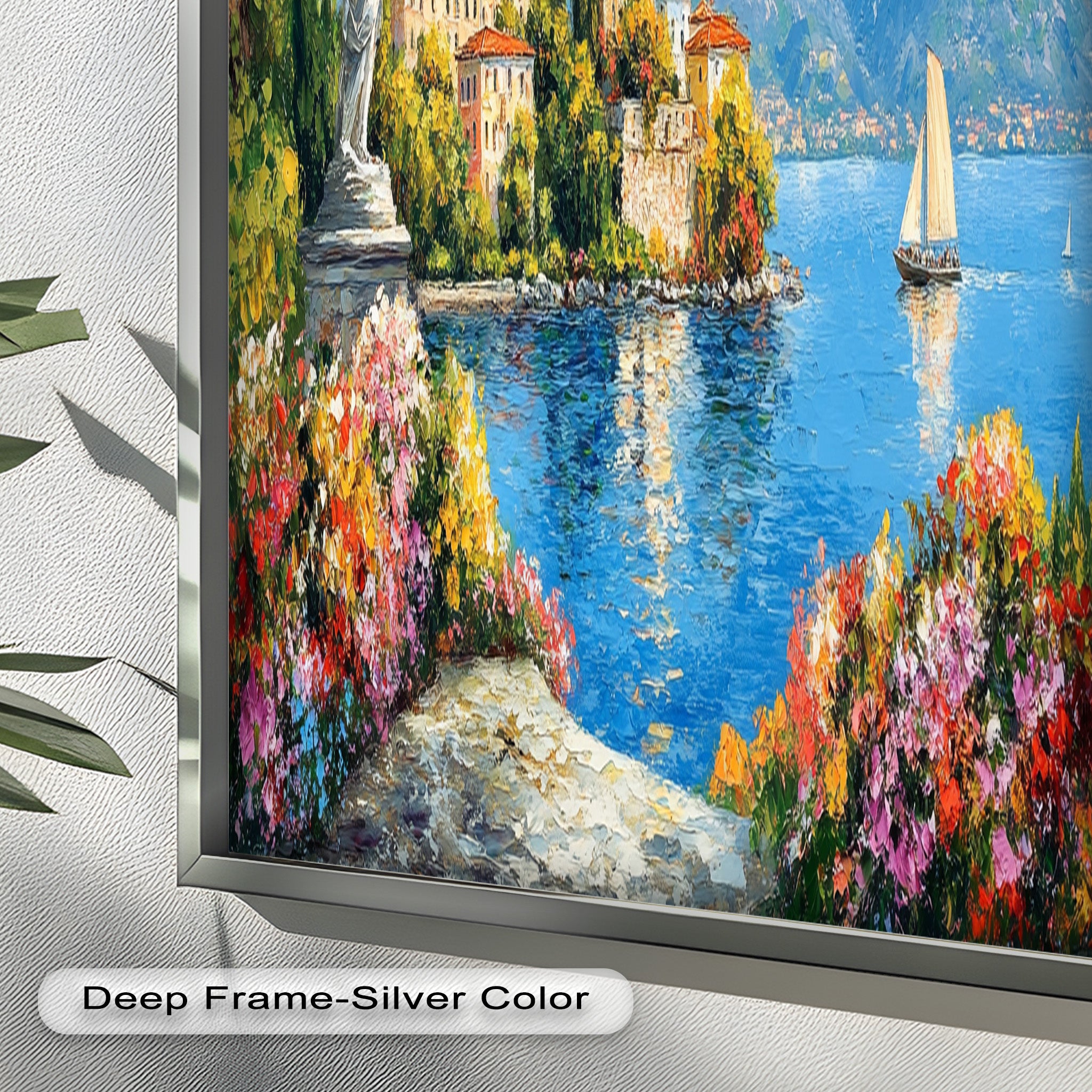 Vibrant Italian Lake Town Wall Art - Hand-Painted Landscape Oil Painting for Living Room, Bedroom & Office Decor