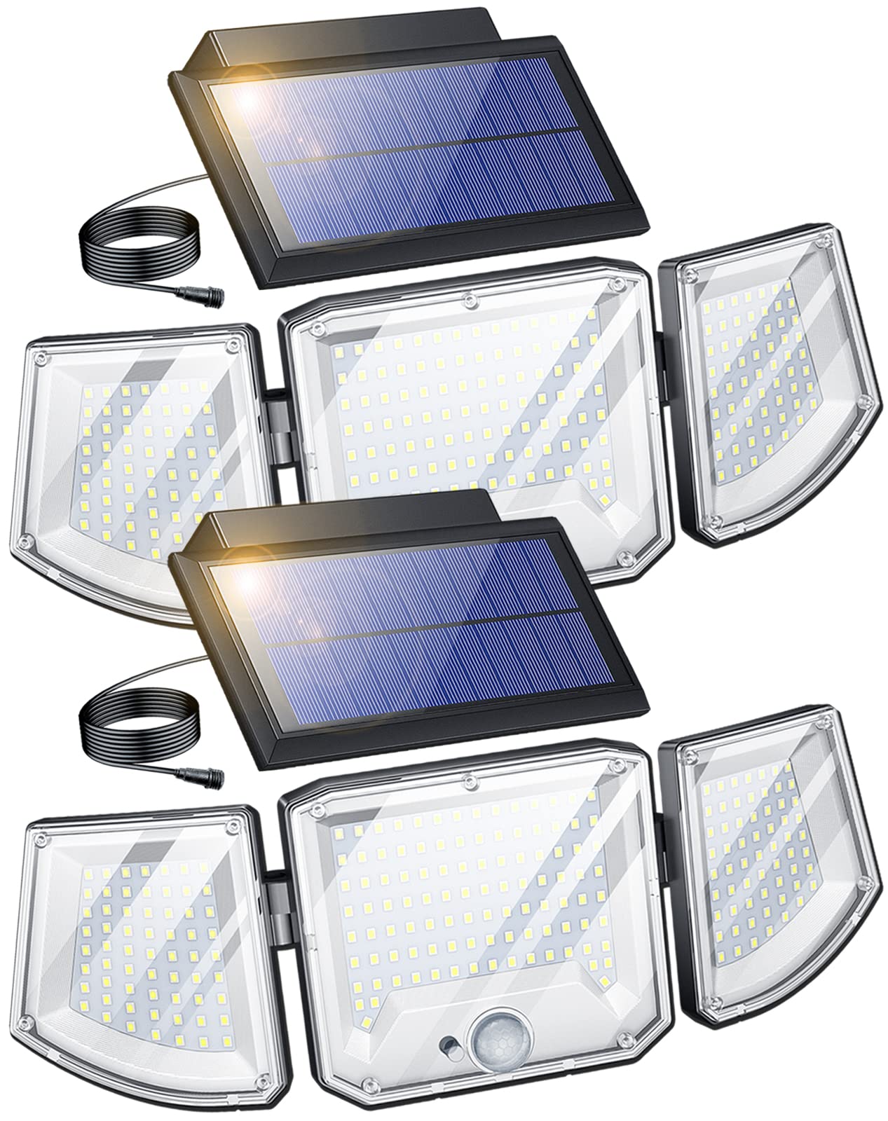 3 Heads 3000LM Solar Motion Sensor Flood Lights Outdoor - Waterproof Adjustable Security Lighting with Separate Solar Panel for Porch, Garage, Yard, Patio (2 Pack) - Ideal for Home Security & Pathway Illumination