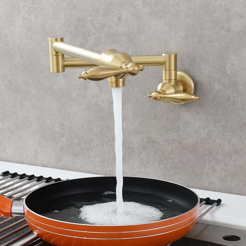 Antique Solid Brass Wall Mounted Folding Faucet - Double Switch Foldable Kitchen Sink Pot Filler - Gold Brushed Finish - Perfect for Farmhouse, RV & Small Space Kitchens