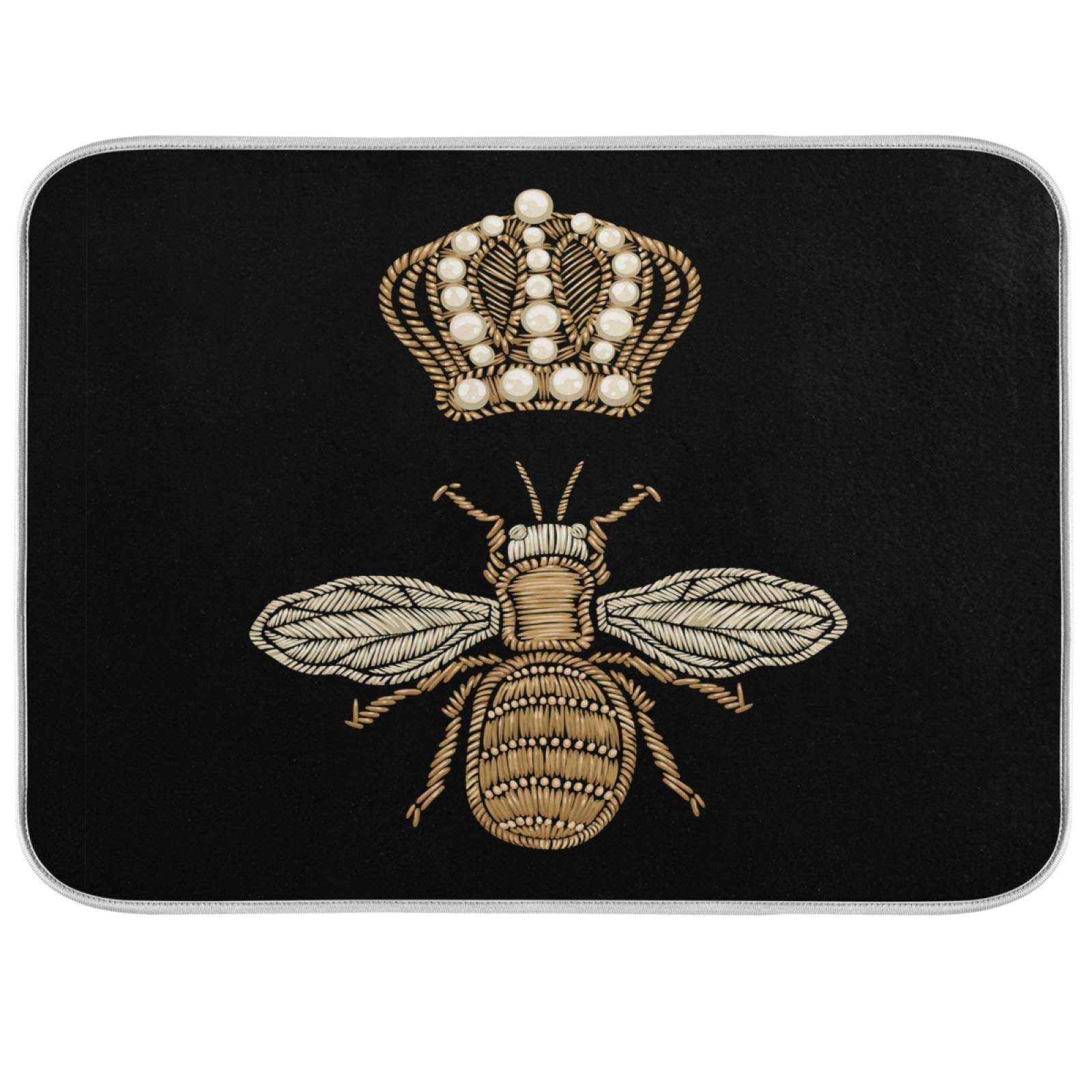 Susiyo Gold Bee and Crown Microfiber Dish Drying Mat - Super Absorbent, Machine Washable, Fast Drying, Heat-Resistant Kitchen Counter Dish Drainer (16x18 Inch) - Perfect for Drying Dishes, Protecting Countertops & Organizing Kitchen