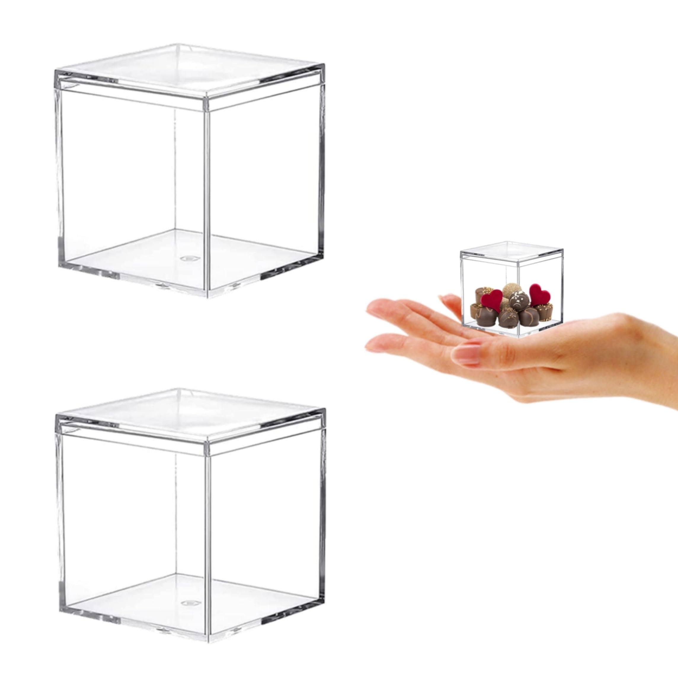 Clear Acrylic Display Box - 2 Pack Small Square Plastic Storage Containers with Lid for Jewelry, Party Favors & Gift Organizing | Perfect for Home, Office & Retail Display