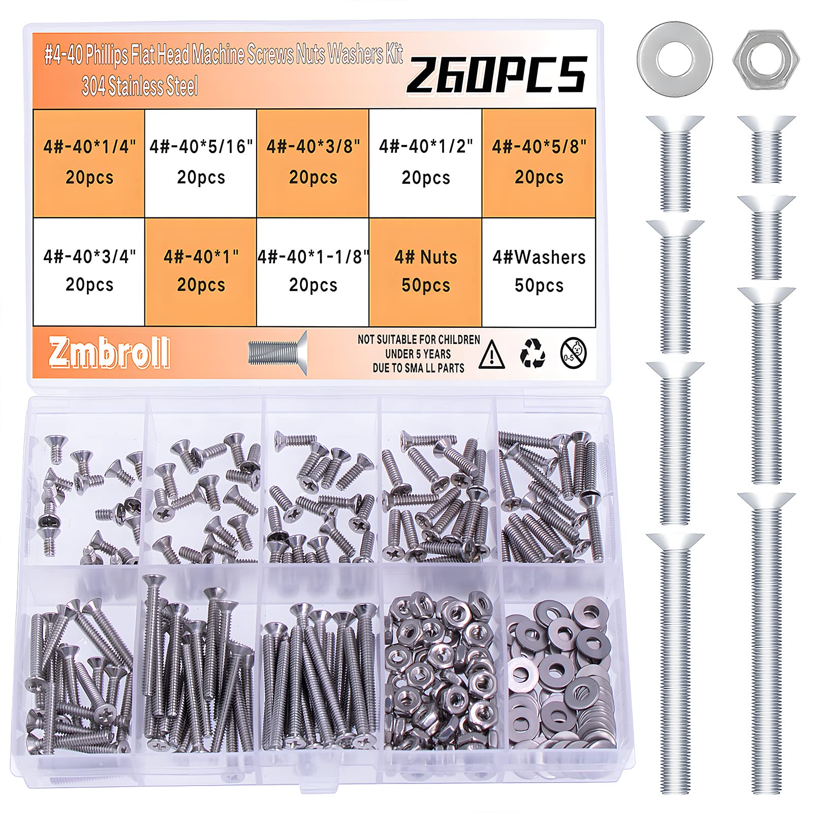 304 Stainless Steel Phillips Flat Head Machine Screws 260Pcs Kit - for DIY & Home Repair