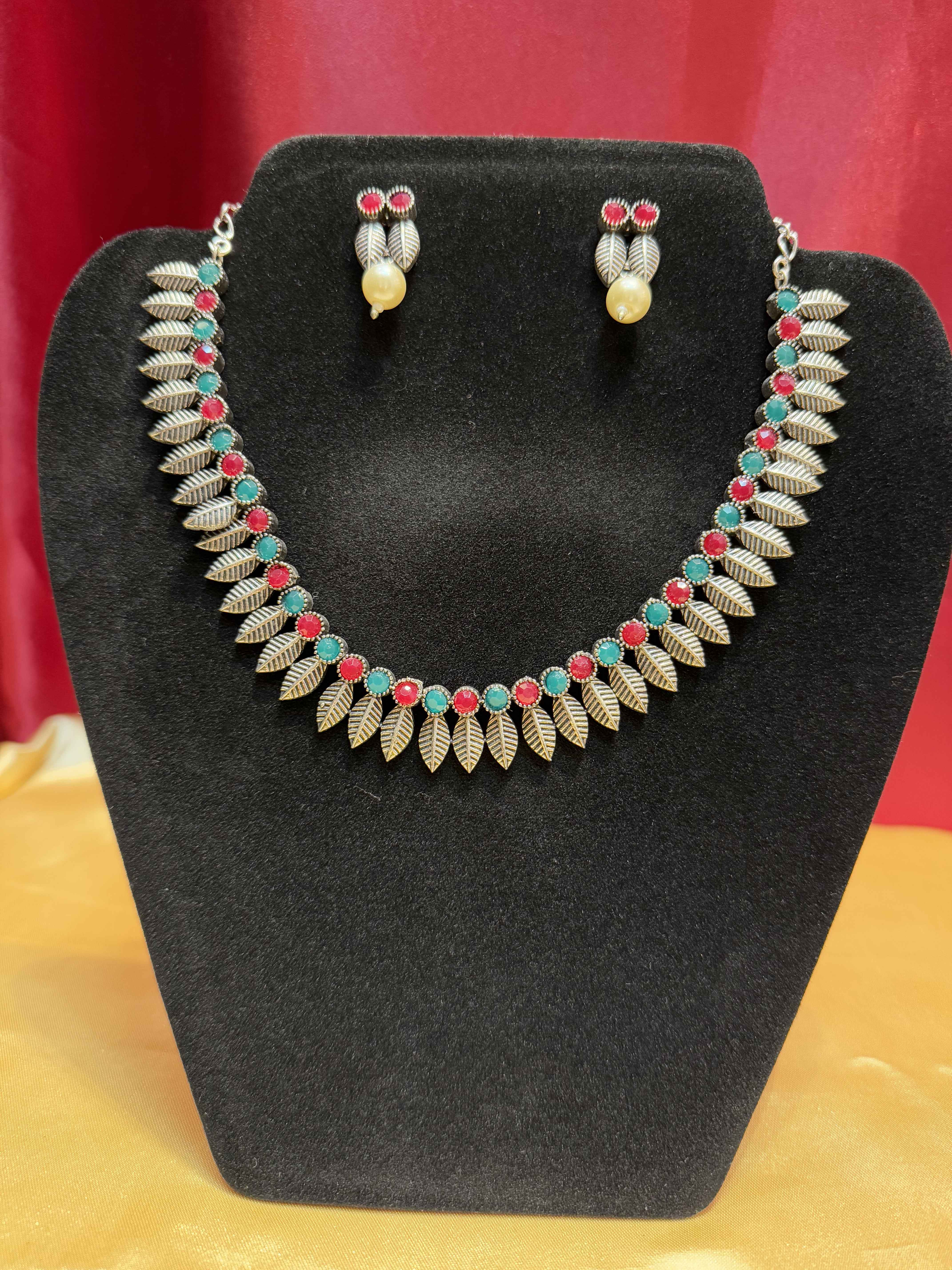 Elegant Multicolor Oxidized Leaf Shaped Necklace & Earrings Set - Perfect for Boho Fashion, Wedding Jewelry & Everyday Wear