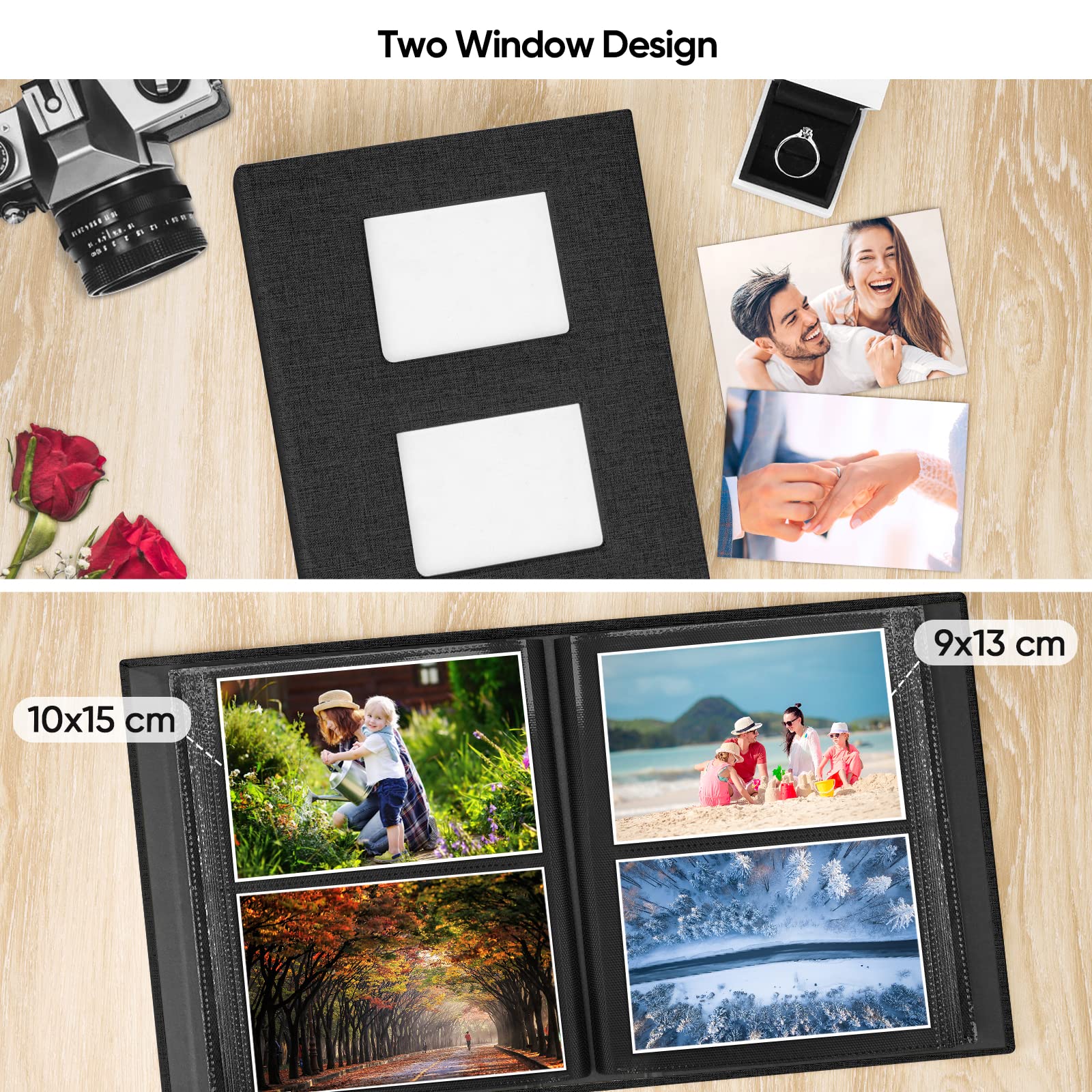 200-Pocket 4x6 Photo Album - Linen Hardcover Wedding Memory Book with Front Window for Family, Anniversary, School, Baby & Travel Pictures - Holds 200 Horizontal Photos (Black) | Perfect for Wedding Gifts, Family Keepsakes & Photo Organization