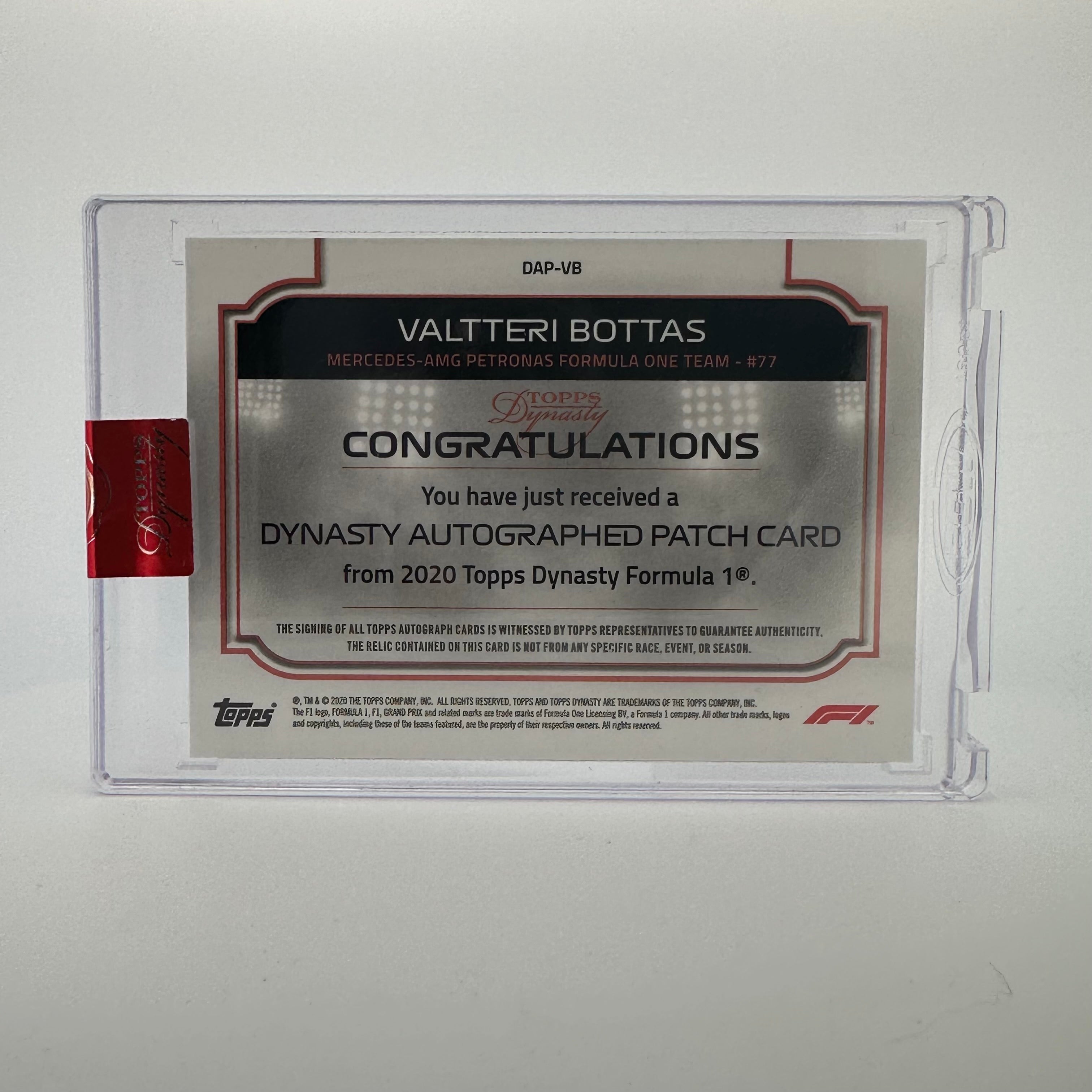 2020 Dynasty Valtteri Bottas #DAP VB Autograph Patch Card - Limited Edition 5/5 Red - Perfect for F1 Memorabilia Collectors & Racing Fans Display