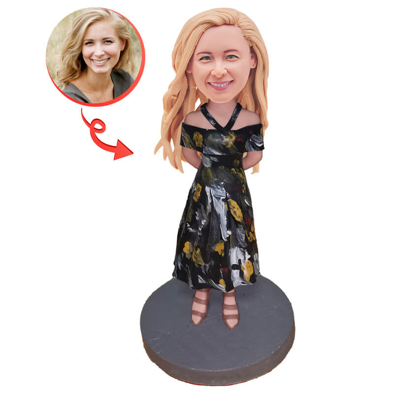 Custom Fashionable Girl in Stylish Dress Bobblehead - Unique Personalized Figurine for Home Decor, Office Desk, or Gift