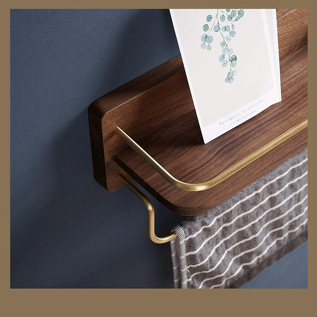 Black Walnut Towel Bar with Brass Double Bar - Wall Mounted Bathroom Towel Rack & Storage Shelf | Space Saving Hanger for Small Bathrooms & Spa Style Decor