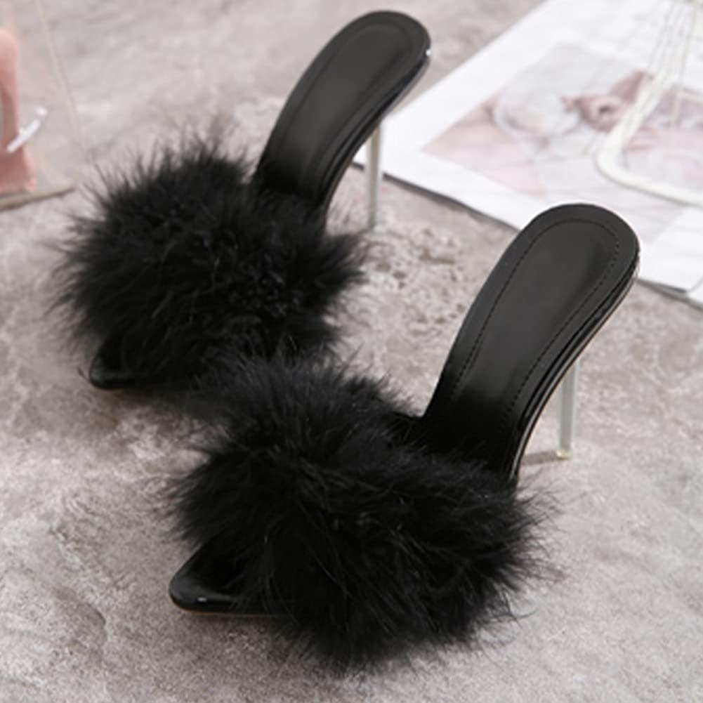 YIBLBOX Women's Fluffy Feather Open Toe Stiletto Slippers - Soft Plush Slide Sandals for Indoor/Outdoor Comfort, Lounge & Spa Wear