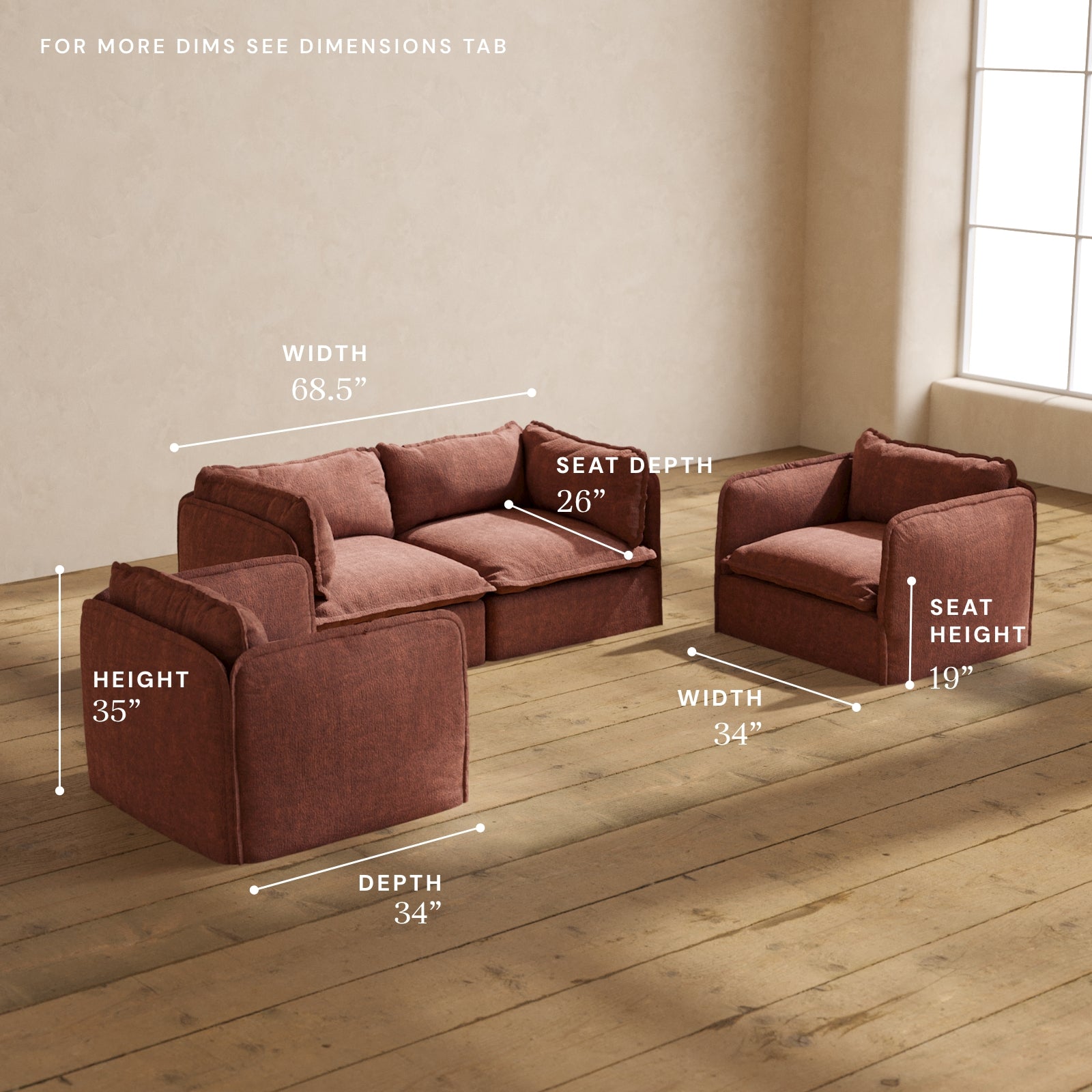 Modular Performance 2 Seater Sofa with Armchair Set - Modern Chestnut Brown Fabric Living Room Furniture for Small Spaces | Perfect for Apartments, Condos and Cozy Home Decor