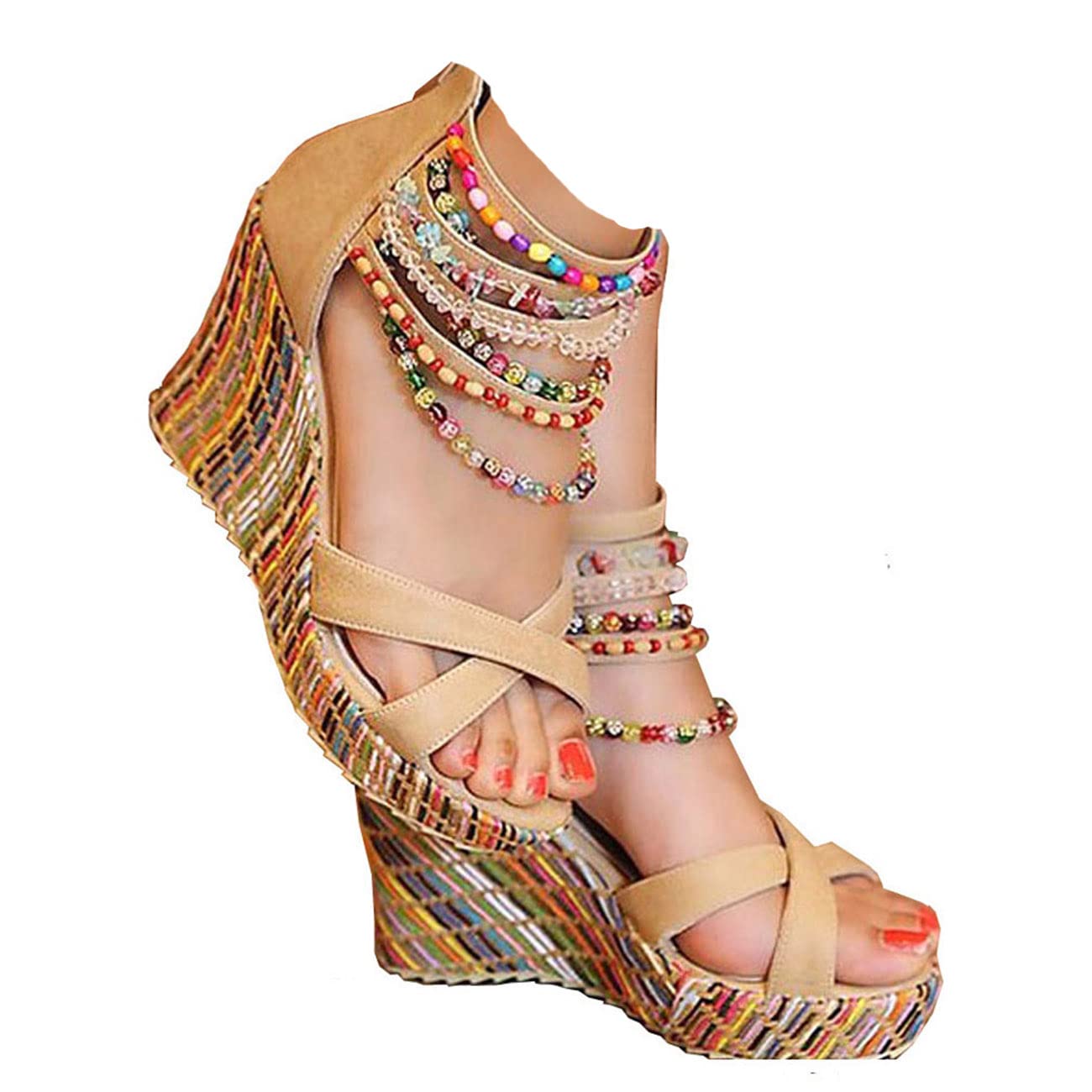 Getmorebeauty Women's Pearl Embellished Wedge Sandals - Comfortable Platform High Heels for Summer, Beach & Casual Outings