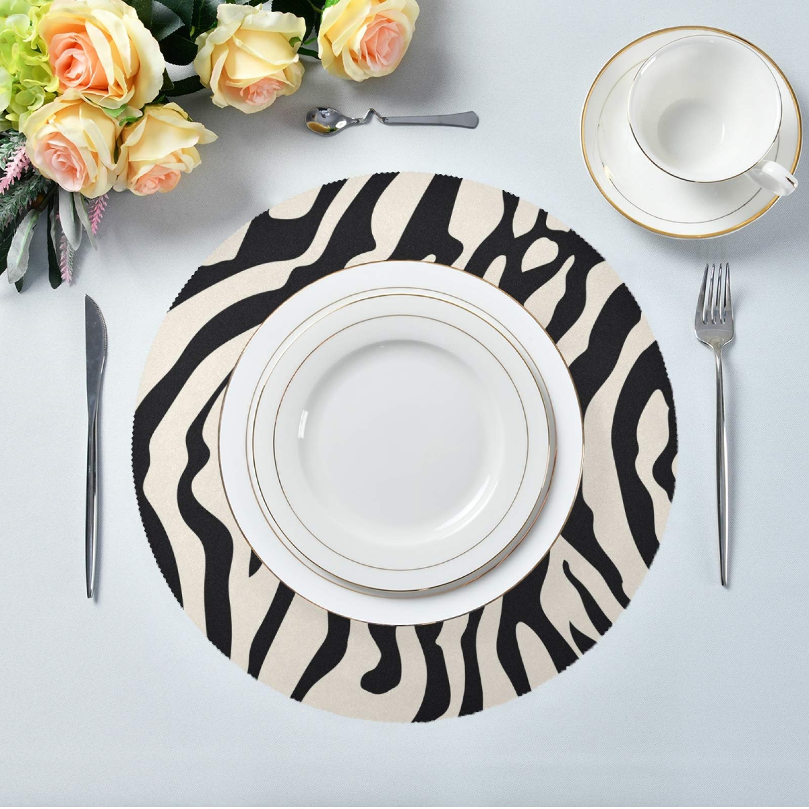 Zebra Print Round Placemats Set of 6 - Waterproof Dining Table Mats for Kitchen, Home Decor & Holiday Dinner Settings - Perfect for Parties, Daily Use & Decorative Tabletop Protection