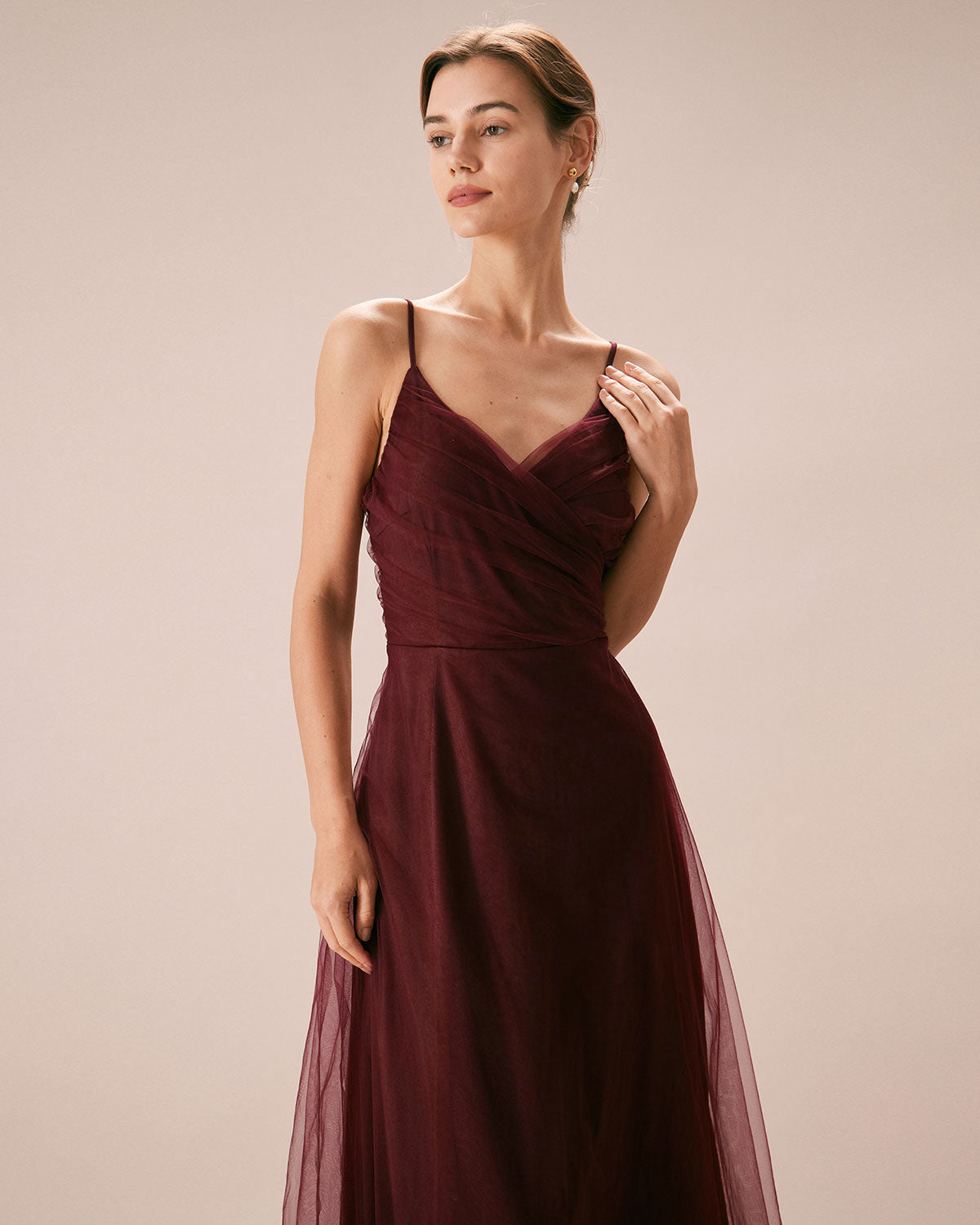 Elegant Wine Red V-Neck Mesh Wrap Maxi Dress for Women - Perfect for Evening Parties, Weddings & Special Occasions