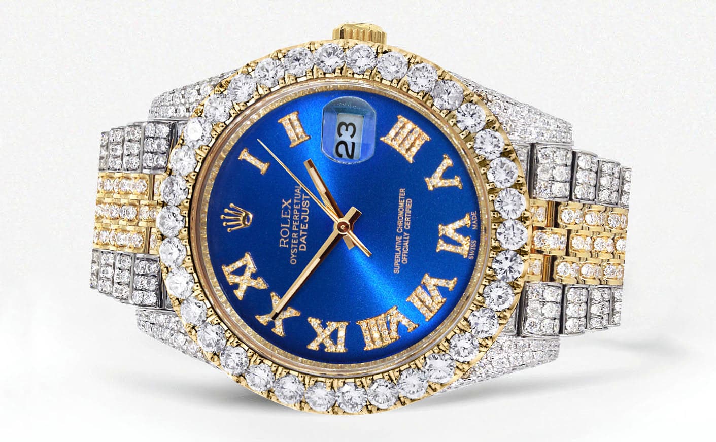 Luxury Diamond Iced Out Rolex Datejust 41 Watch - 25 Carats Genuine Diamonds | Custom Blue Roman Numeral Dial | Two-Tone Stainless Steel & Gold | Jubilee Bracelet | Perfect for Special Occasions & Luxury Gifting