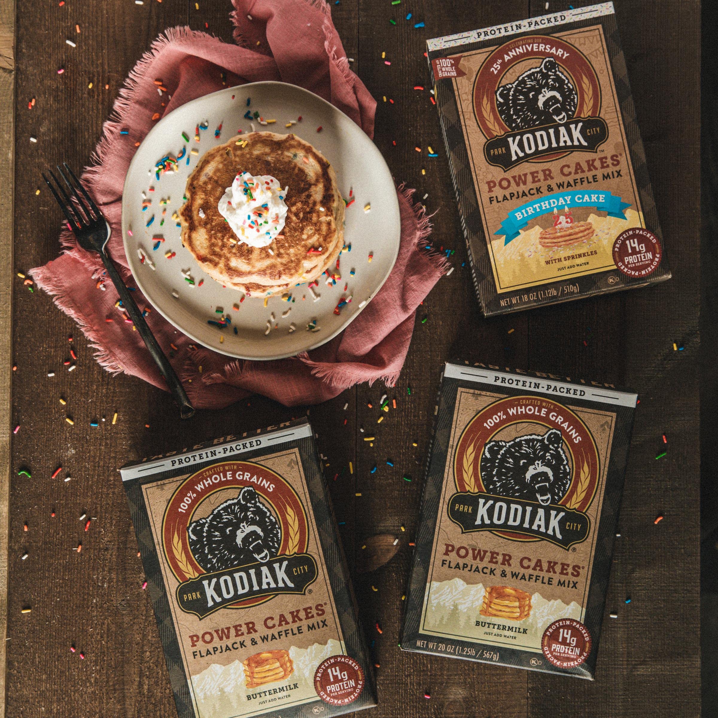 Kodiak Cakes Power Cakes Variety Pack - Protein Pancake Mix & Waffle Mix - 100% Whole Grain Buttermilk (2 x 20oz) & Birthday Cake (1 x 18oz) - High Protein Breakfast for Active Lifestyles & Family Brunch