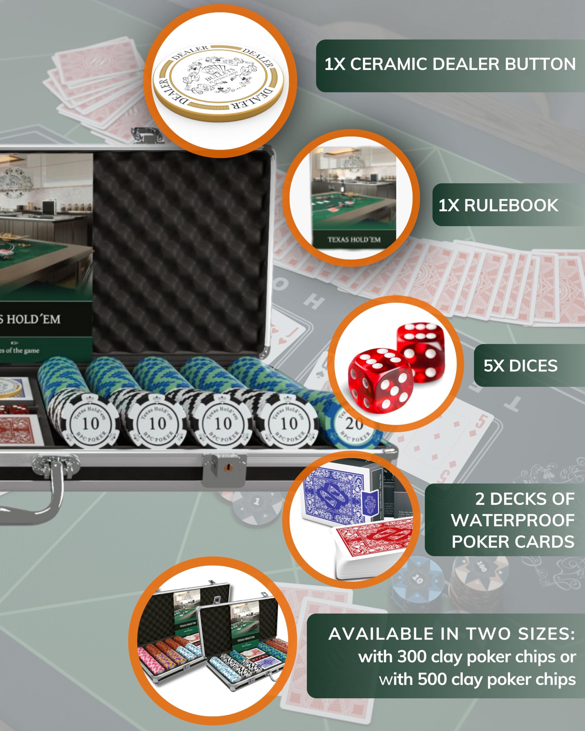 Premium 500 Clay Poker Chips Set with Cards, Dice, Dealer Button & Travel Case – Complete Texas Hold'em Kit for Casino Nights, Home Games & Poker Tournaments – Durable Carmela Style Poker Chips for Professional & Casual Play