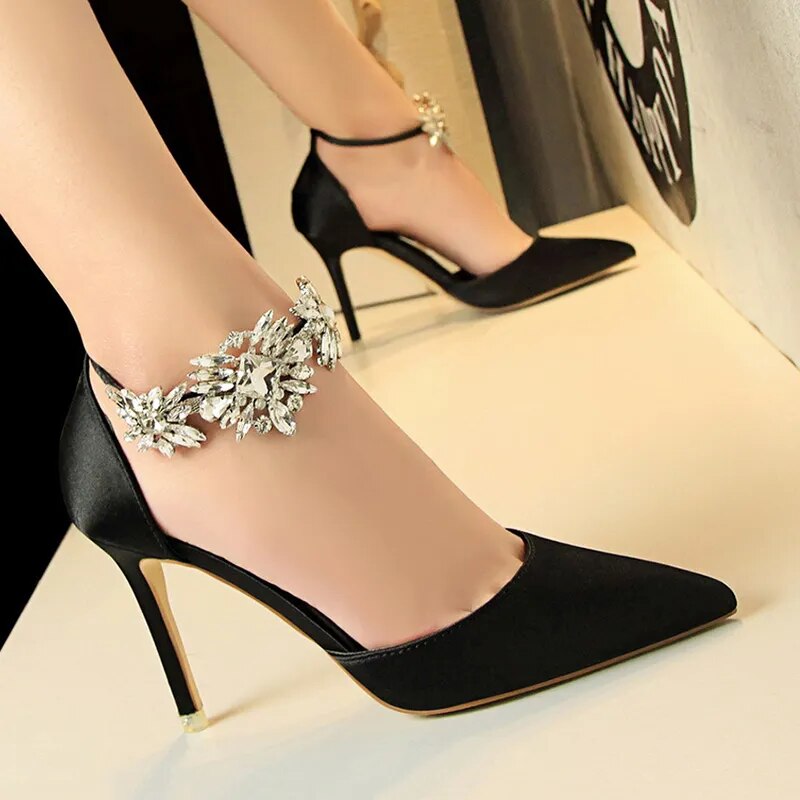 BIGTREE Women's Rhinestone Stiletto High Heel Pumps - Elegant Silk Satin Wedding Shoes & Party Sandals for Brides, Prom, and Special Occasions