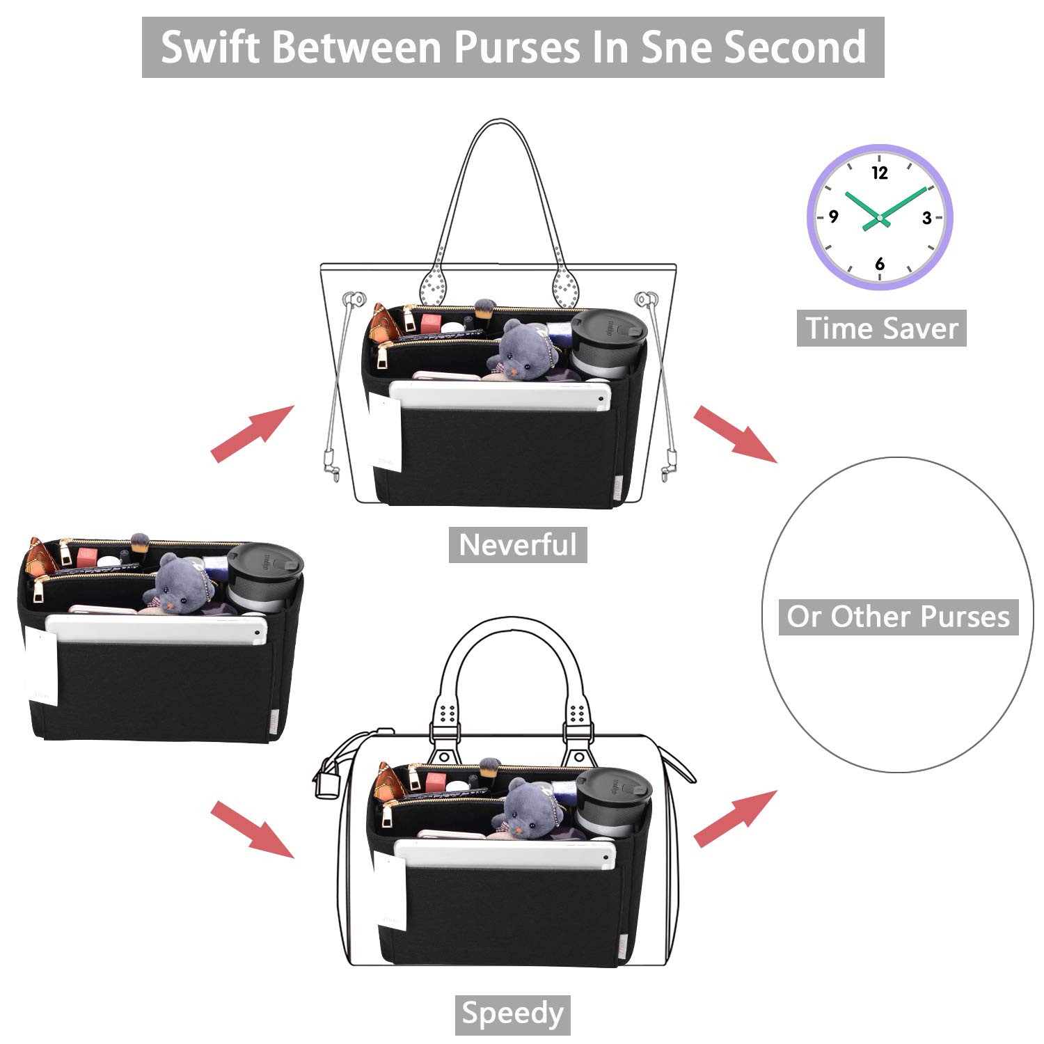ZTUJO Felt Purse Organizer Insert for Louis Vuitton Speedy, Neverfull, Graceful & Tote Bags - Handbag Shaper & Storage Solution for Travel, Work & Daily Use