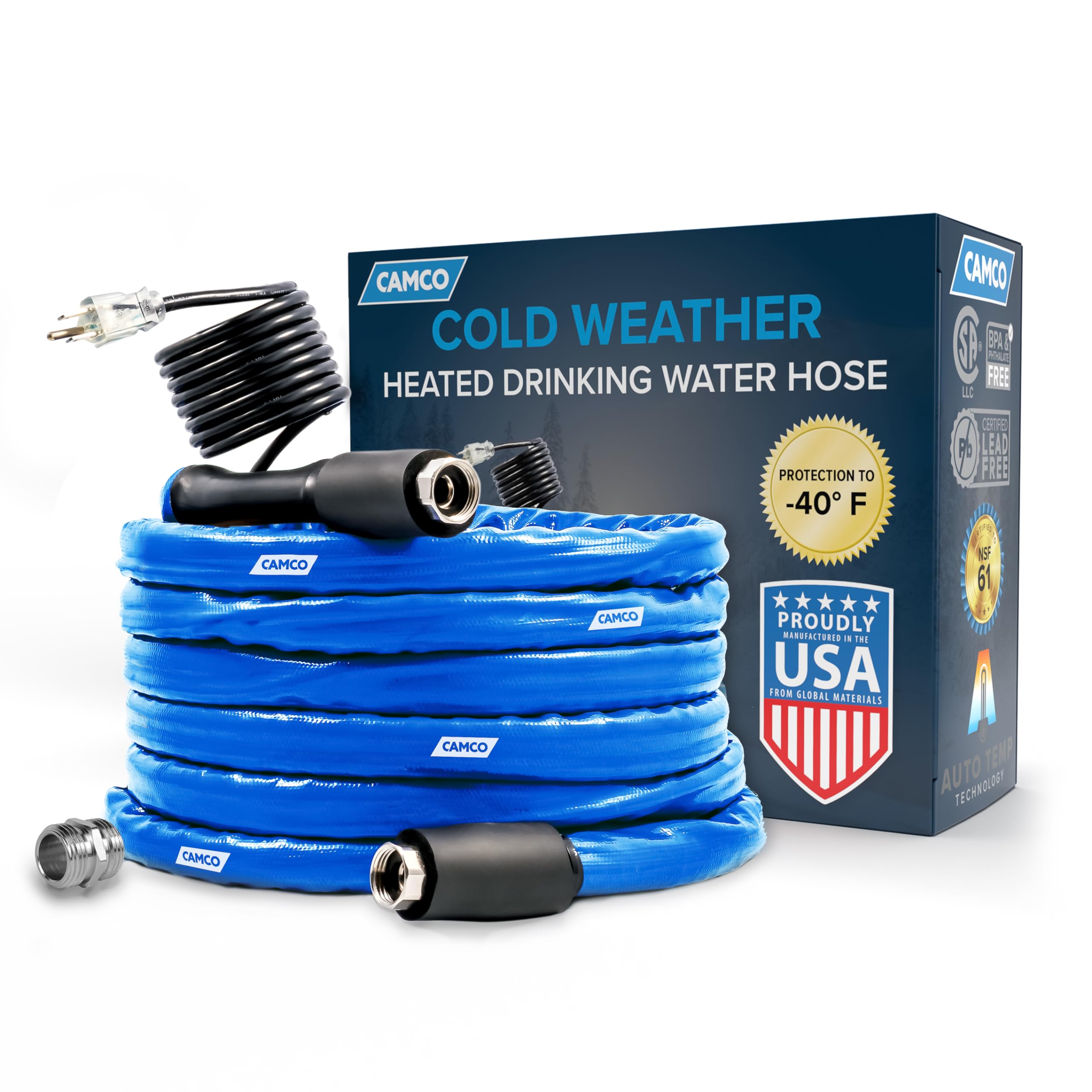 Camco 50-Ft Heated RV Water Hose with Freeze Protection Down to -40°F/-40°C | Energy-Saving Thermostat | Includes Dual-End Adapter | Perfect for Winter Camping & RV Travel