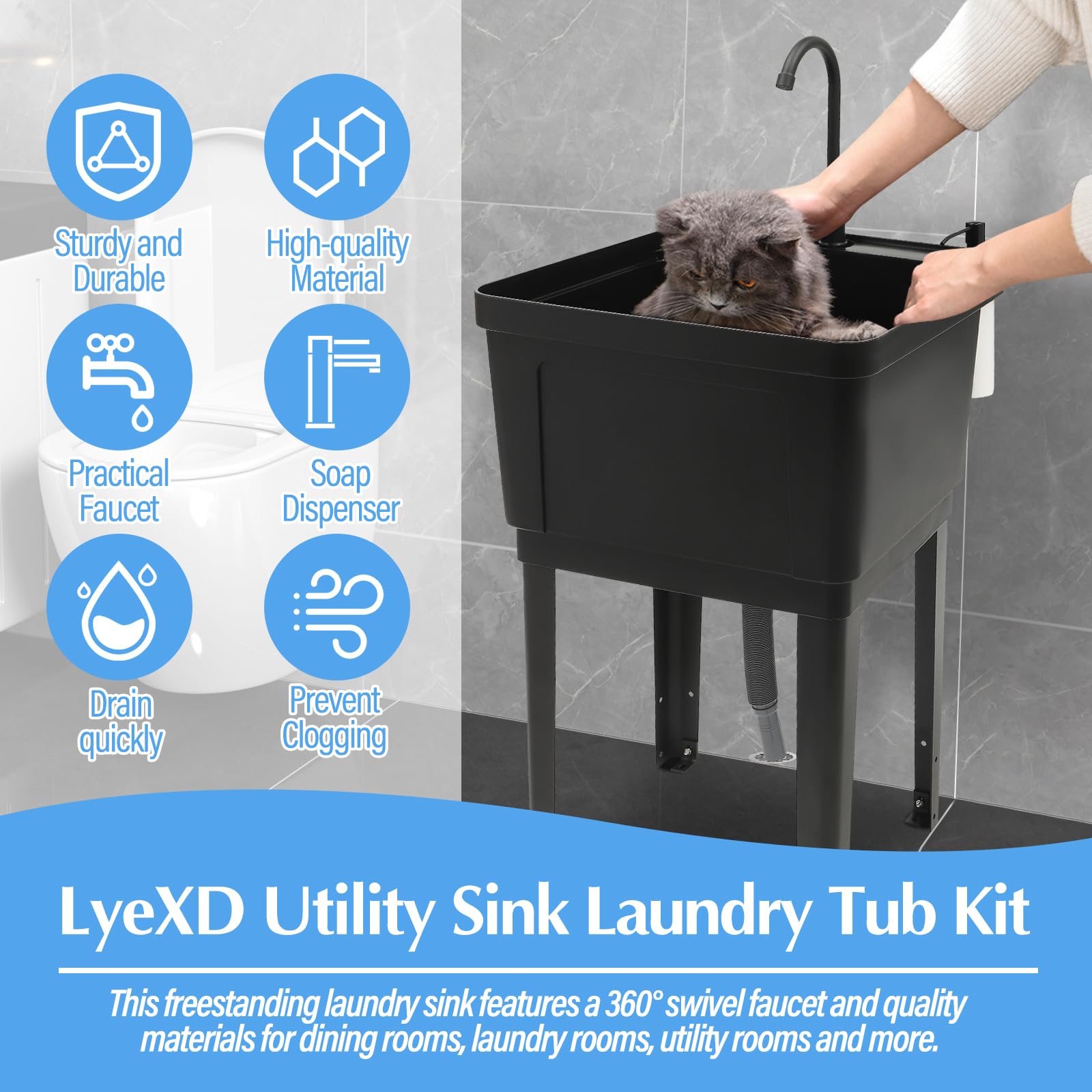 Heavy Duty Utility Sink Laundry Tub - Freestanding Wash Station with Rotatable Faucet & Soap Dispenser | Durable Plastic Slop Sink for Basement, Garage, Workshop | Ideal for Laundry, Cleaning Tools, Pet Washing & DIY Projects (Black)