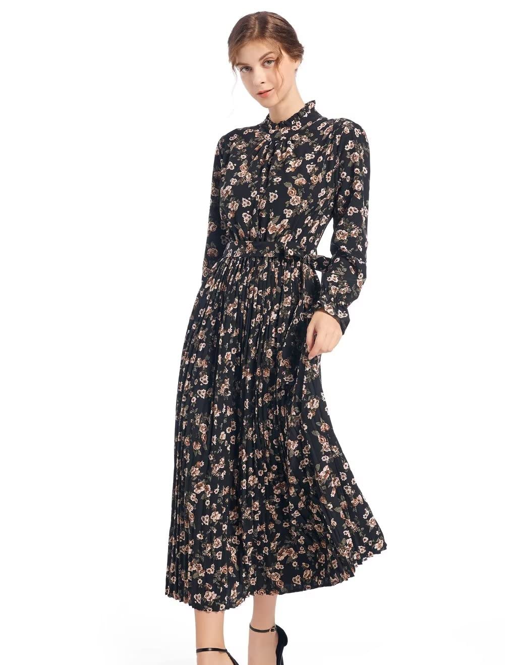 Floral Print Women's A-Line Dress with Long Sleeves & Round Neck - Perfect for Spring Outfits, Office Wear & Casual Occasions
