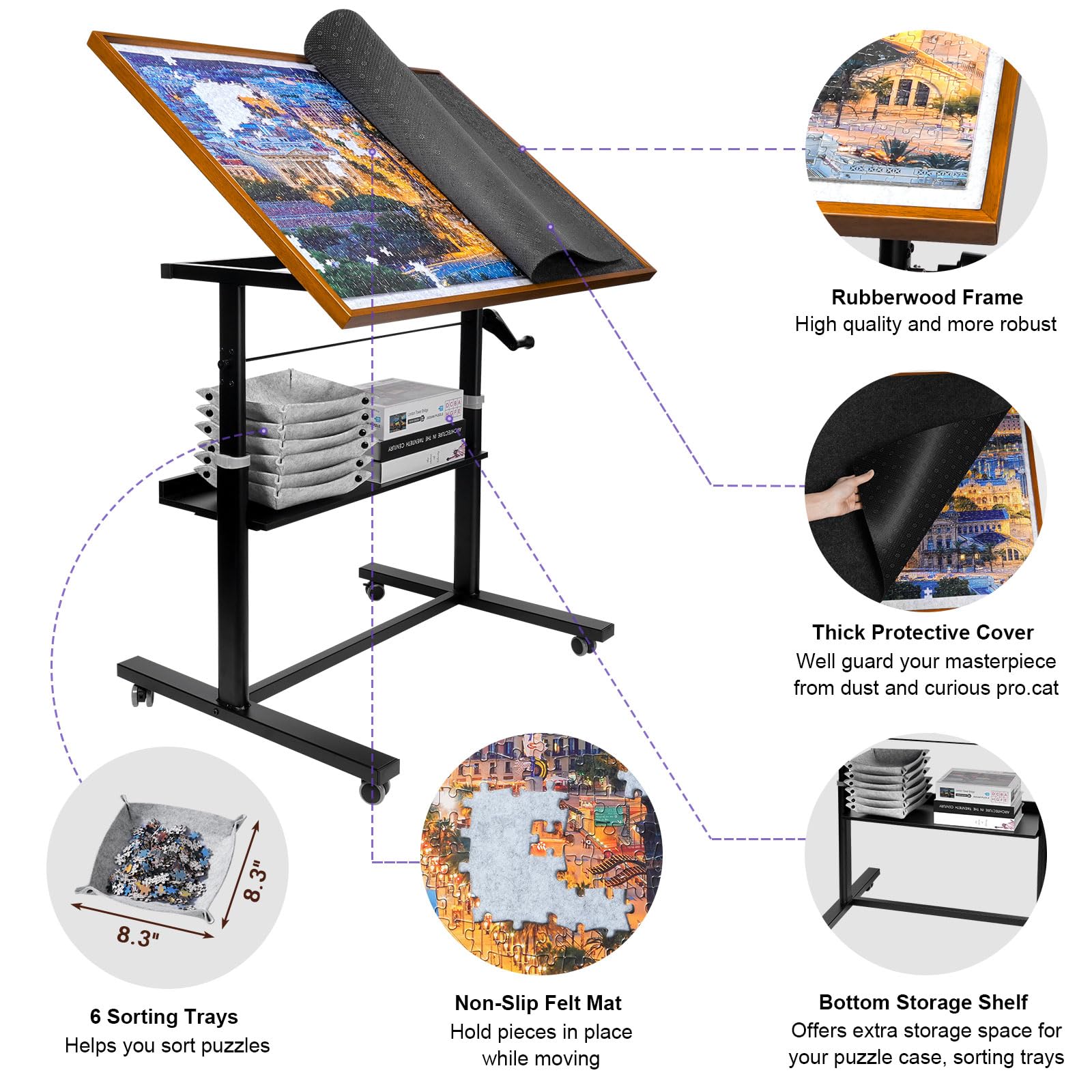 Sunix Adjustable Jigsaw Puzzle Table with Legs & Wheels - 12-Tilting-Angle Puzzle Board for 1500 Pieces, Includes Protector Mat & 6 Sorting Trays - Perfect for Family Game Nights & Educational Activities (Kids & Adults)