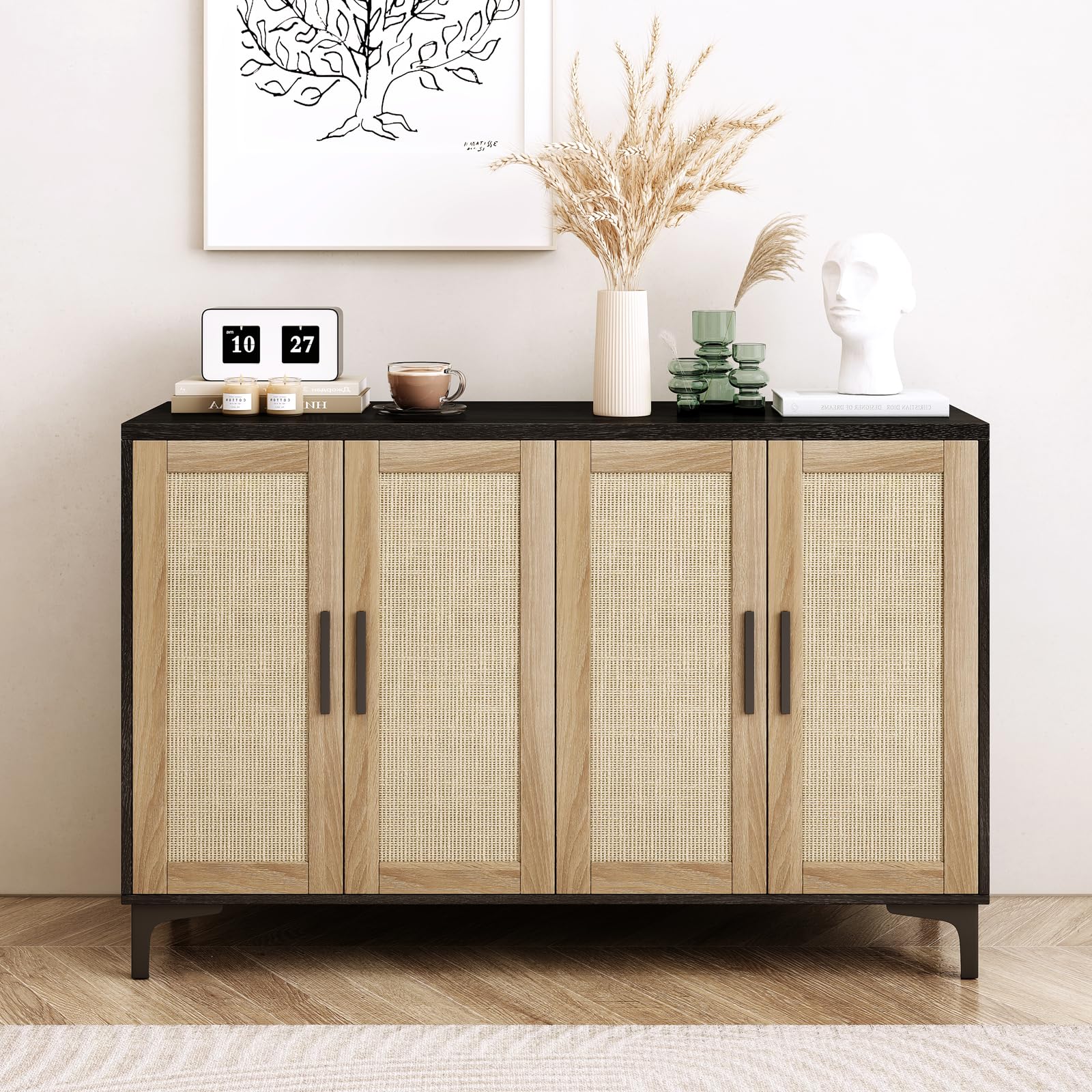 Rattan Sideboard Buffet Cabinet with Doors & Adjustable Shelves - Kitchen Storage Cabinet, Coffee Bar Console Table for Dining Room & Entryway - Black | Perfect for Small Space Organization & Home Decor