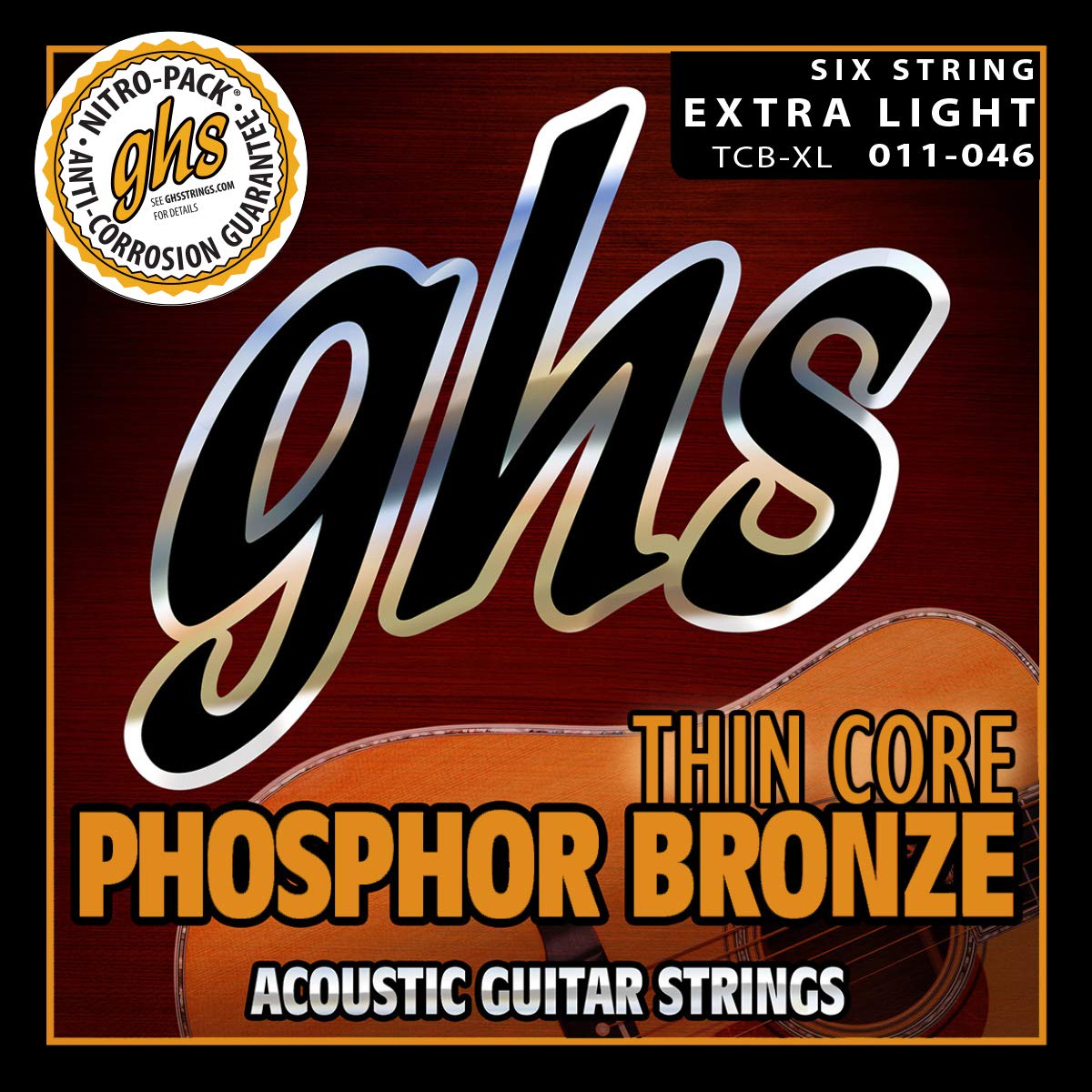 GHS Strings Thin Core Phosphor Bronze Acoustic Guitar Strings - Extra Light 11-46 Gauge (TCB-XL) | Warm Balanced Tone for Fingerstyle & Strumming | Perfect for Beginners & Professional Musicians
