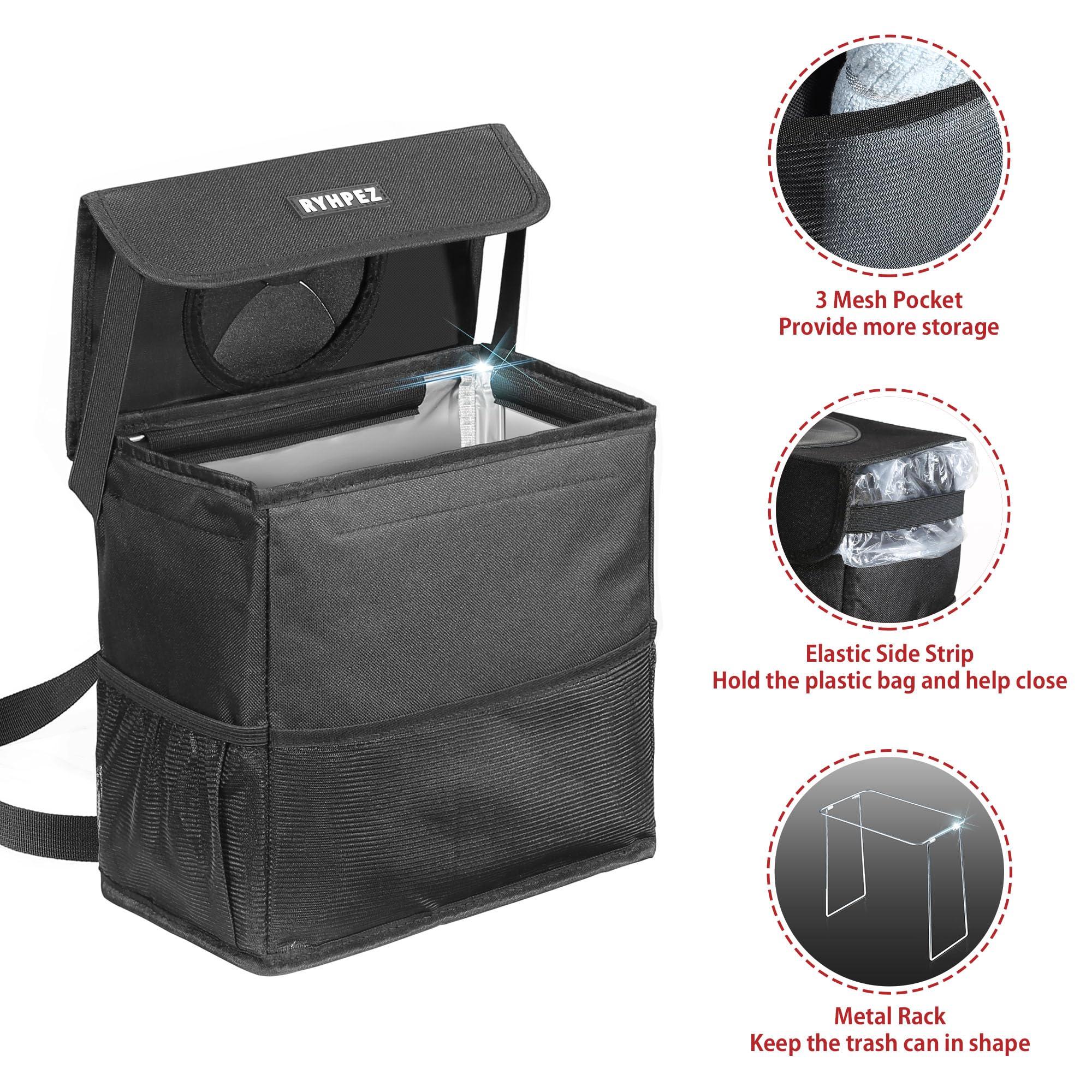 Ryhpez Car Trash Can with Lid - Hanging Collapsible Car Garbage Bag with Storage Pockets & Metal Rack Support | Portable Auto Waste Bin for SUV, Truck, Road Trips & Daily Commute