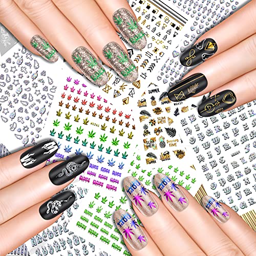 Preskboo 3D Self-Adhesive Glitter Nail Art Stickers - Silver, Gold Nail Decals with Pot Leaves, Snake, Butterfly, Heart & Retro Alphabet Designs for Women, Girls & Kids - DIY Manicure or Nail Salon Use - 12 Sheets - Perfect for Parties, Holidays & Special Occasions