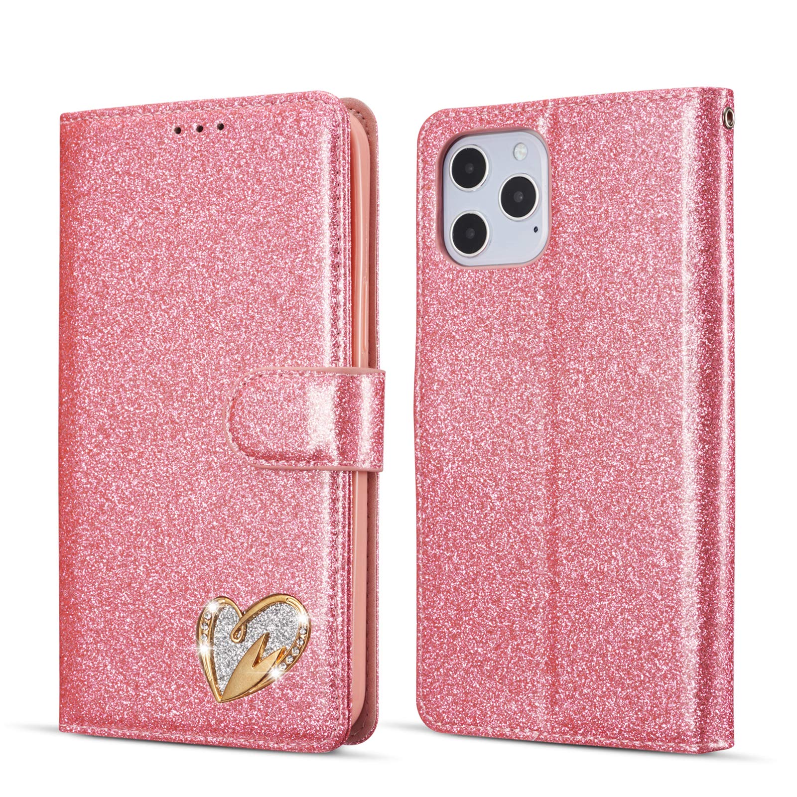 QLTYPRI iPhone 12 Pro Max Case 6.7 inch - Glitter PU Leather Wallet Phone Cover with Card Holder, Wrist Strap & Heart Diamond Design | Perfect for Daily Use, Travel, and Gift Giving - Pink