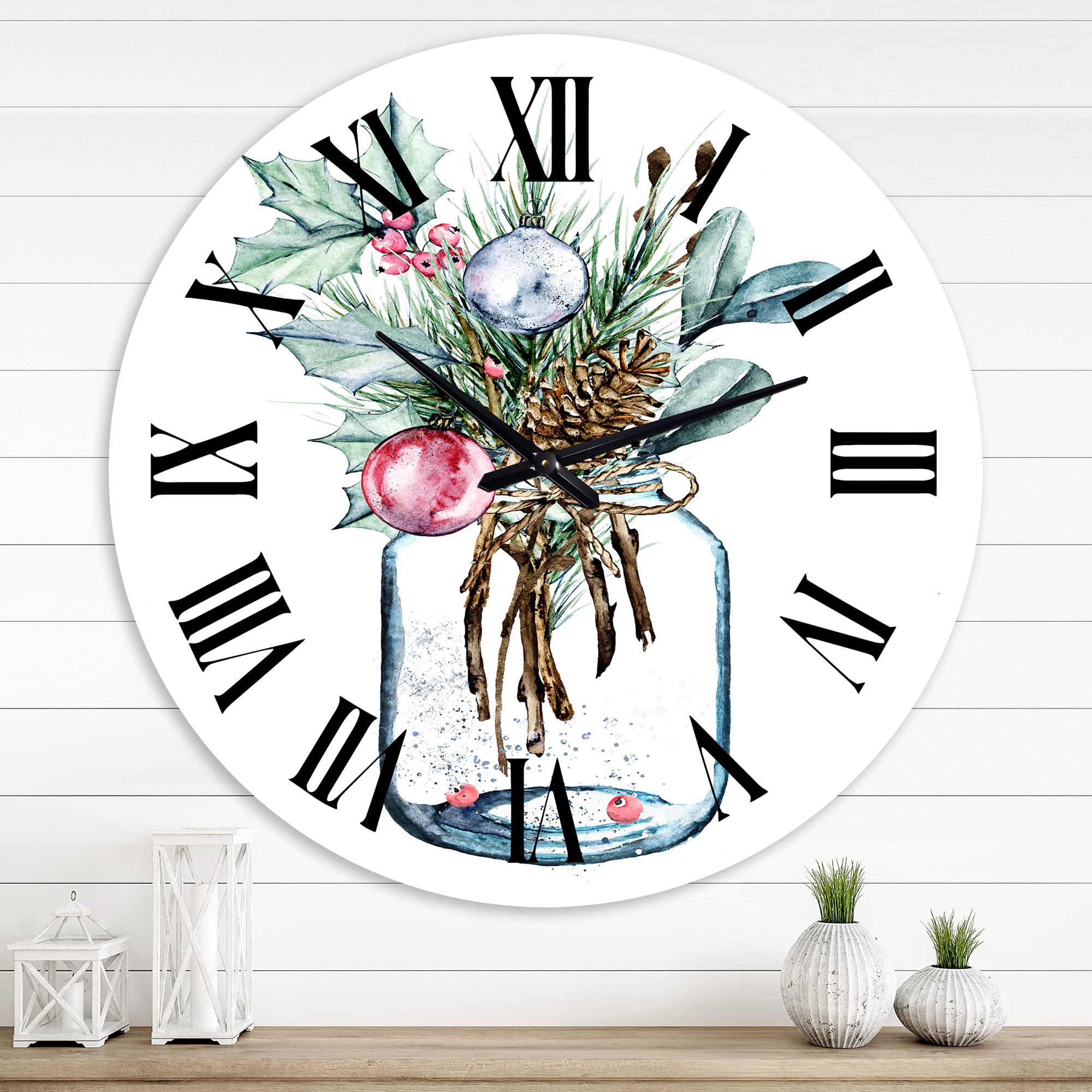 DesignQ Traditional Wall Clock - Merry Christmas Greenery in Transparent Jar - Floral & Botanical Large Wall Clock for Bedroom, Living Room, Office Decor - Perfect Holiday Home Decoration Gift