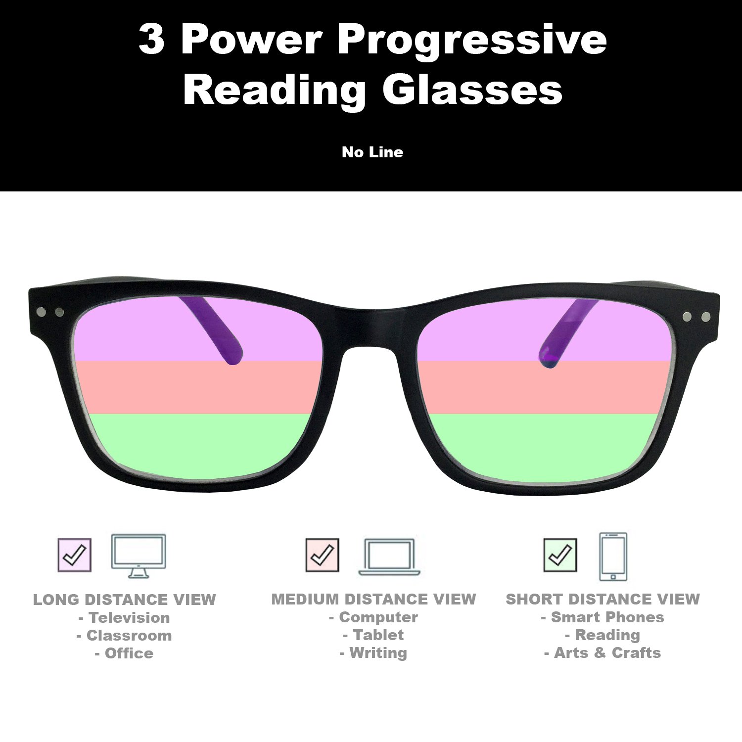 2 Pack No-Line Progressive Reading Glasses - 3 Power Strength for Multi-Focus Vision | Perfect for Reading, Computer Work & Crafting