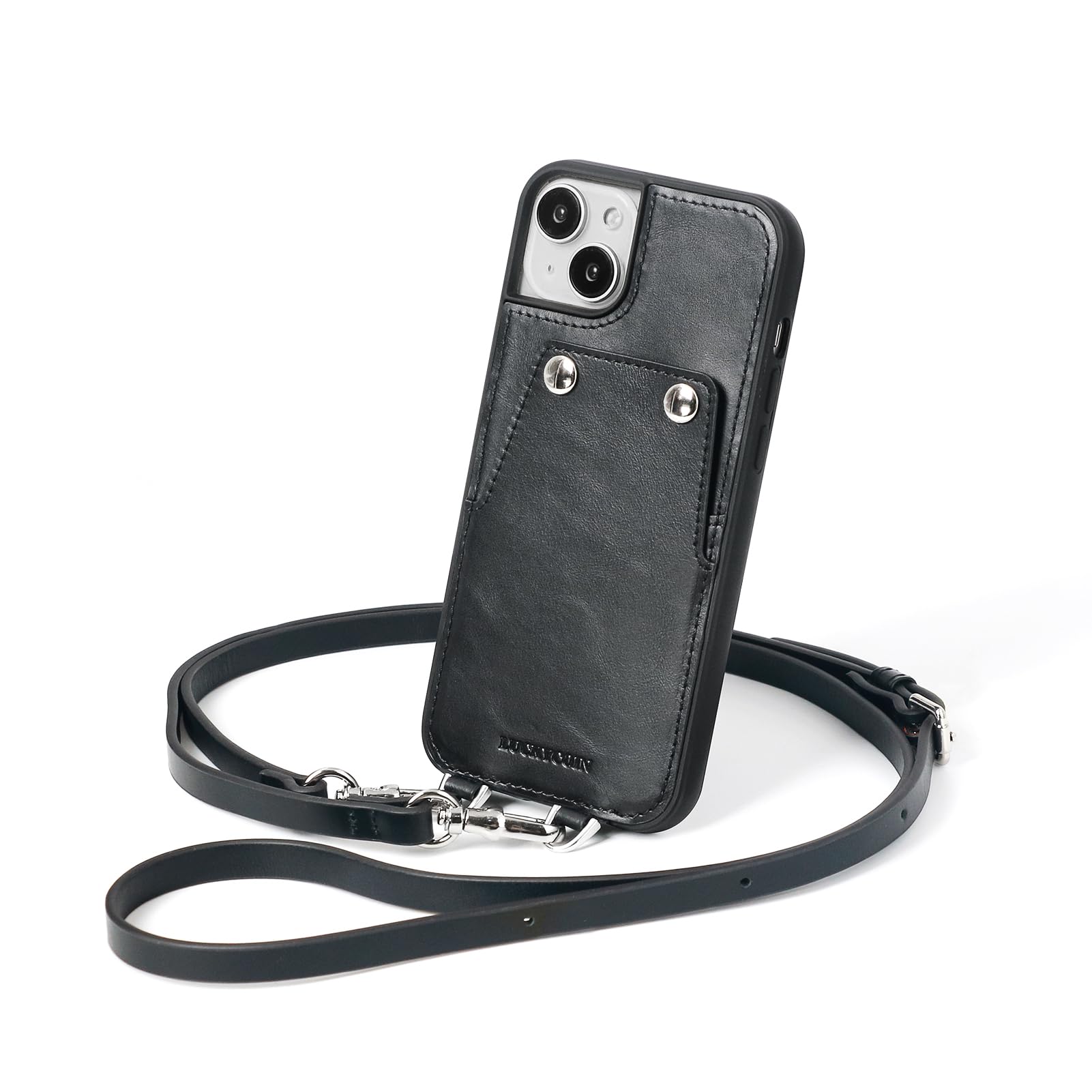 Premium Genuine Leather Crossbody Phone Case for iPhone 15 Plus (6.7 Inch) - Women's Wallet Case with 2 Card Slots & Adjustable Lanyard Shoulder Strap (Black) | Perfect for Everyday Use, Travel, Shopping & Hands-Free Convenience