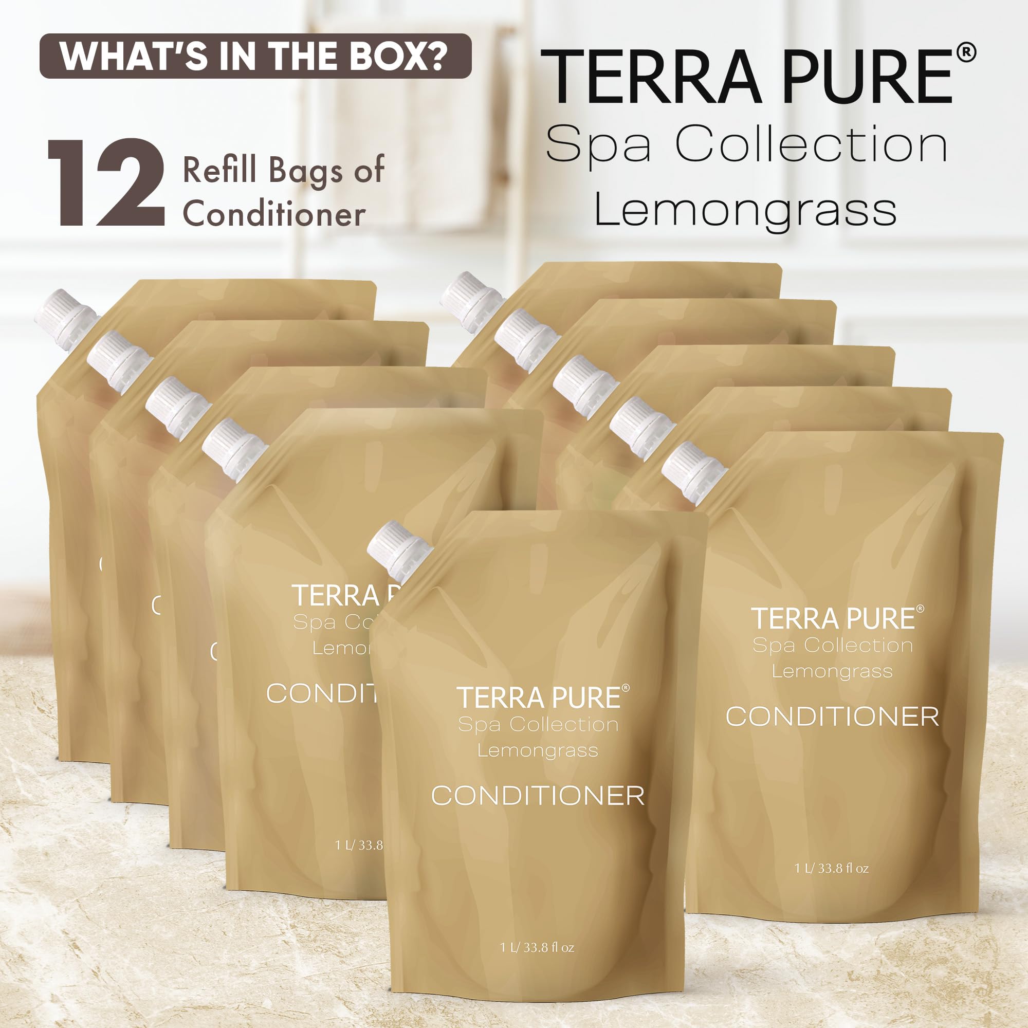 Terra Pure Spa Collection Conditioner Refill - 1 Liter (12 Pack) - Moisturizing & Nourishing Hair Care, Paraben-Free & Sulfate-Free - For Salons, Spas & Home Use
