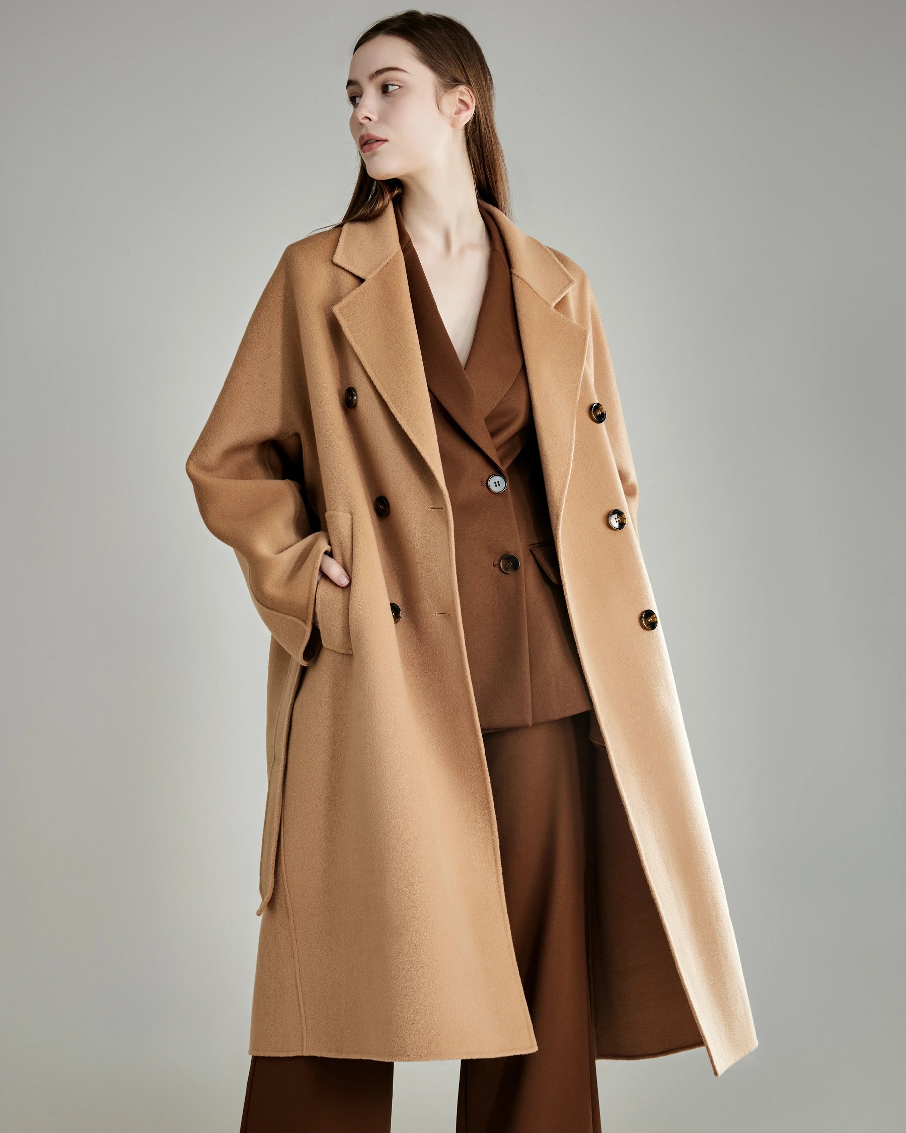 Double Breasted Belted Wool Coat for Women - Classic Winter Trench Coat with Belt - Warm & Stylish Outerwear for Office, Travel & Formal Occasions