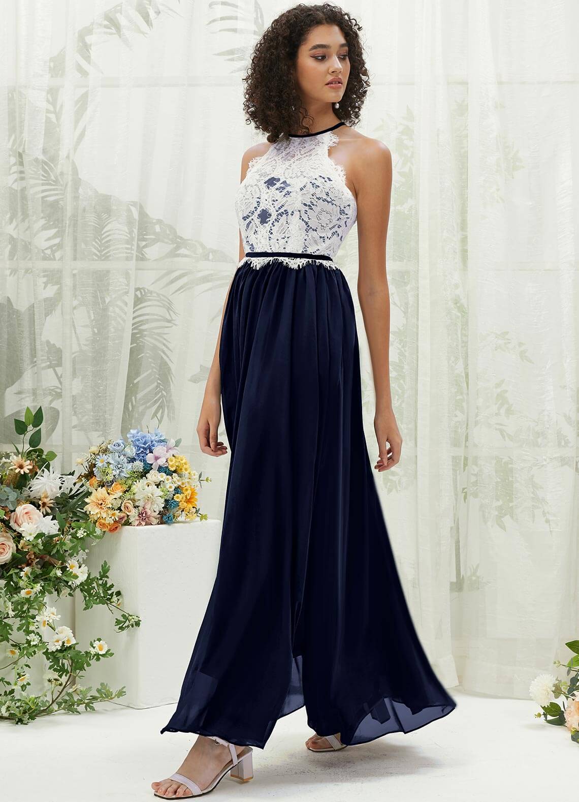 Elegant Dark Navy Lace Halter Neck Backless Chiffon Slit Bridesmaid Dress - Perfect for Weddings, Formal Events & Evening Parties