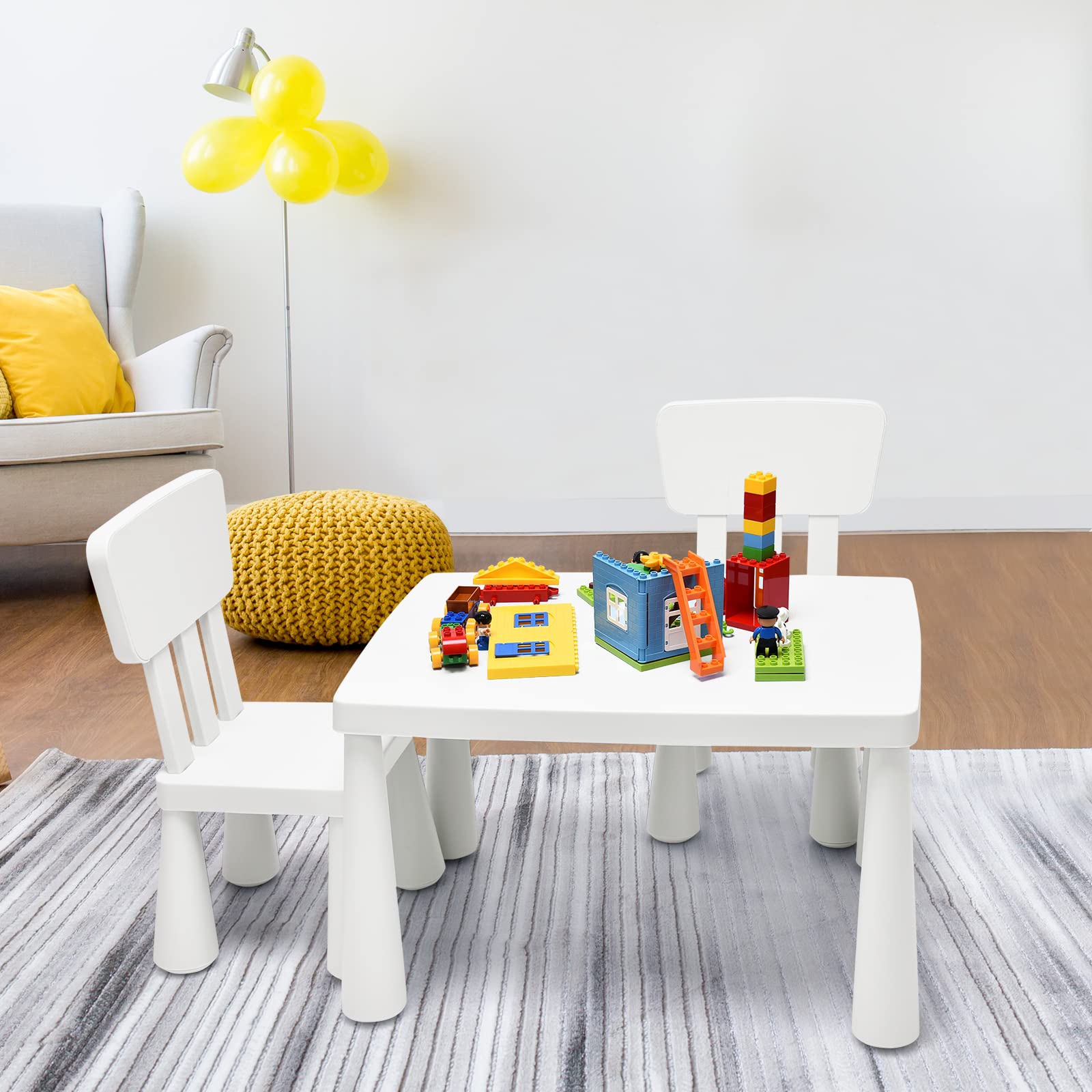 COSTWAY 3-Piece Kids Table and Chairs Set - Lightweight Plastic Children's Activity Table with 2 Chairs for Toddlers Ages 1-7, Perfect for Reading, Writing, Drawing, Crafts & Snack Time - White Kids Furniture Set for Playroom, Classroom or Daycare
