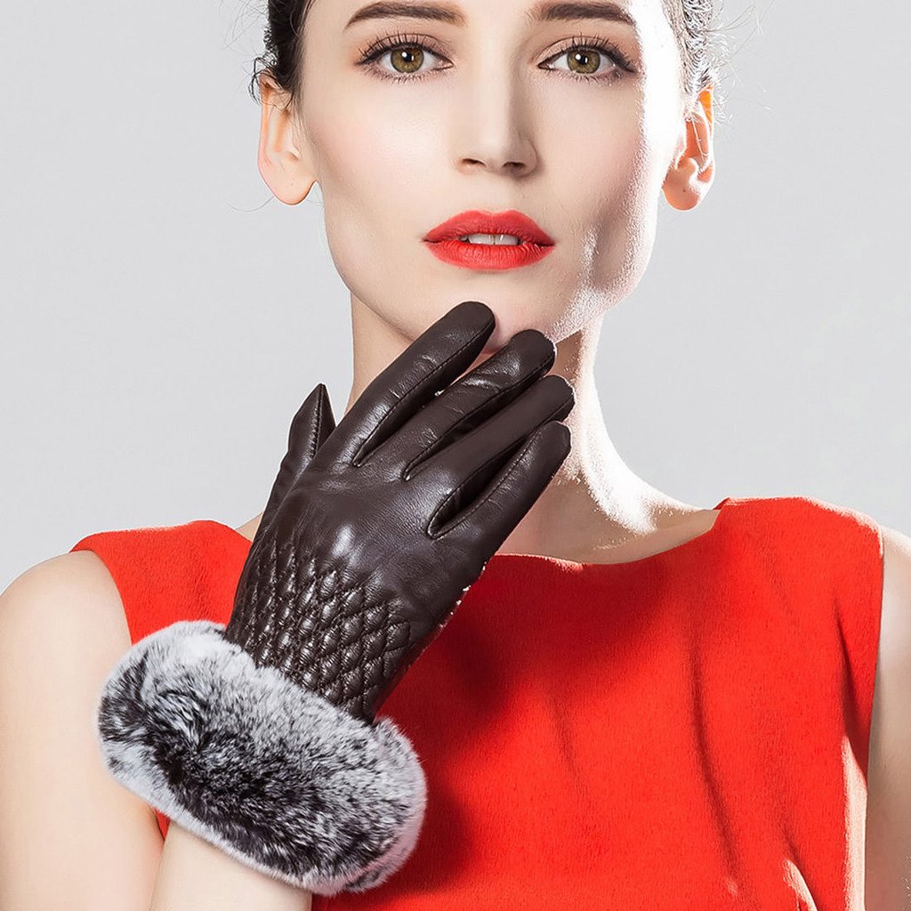 Women's Winter Leather Gloves with Rabbit Fur Cuff - Touchscreen Compatible Cold Weather Gloves for Driving, Outdoor Activities & Daily Use | Fashionable Snow Skiing Accessories & Warm Winter Essentials for Shopping, Commuting and Holiday Gifts | Perfect for Winter Sports, City Life and Christmas Presents