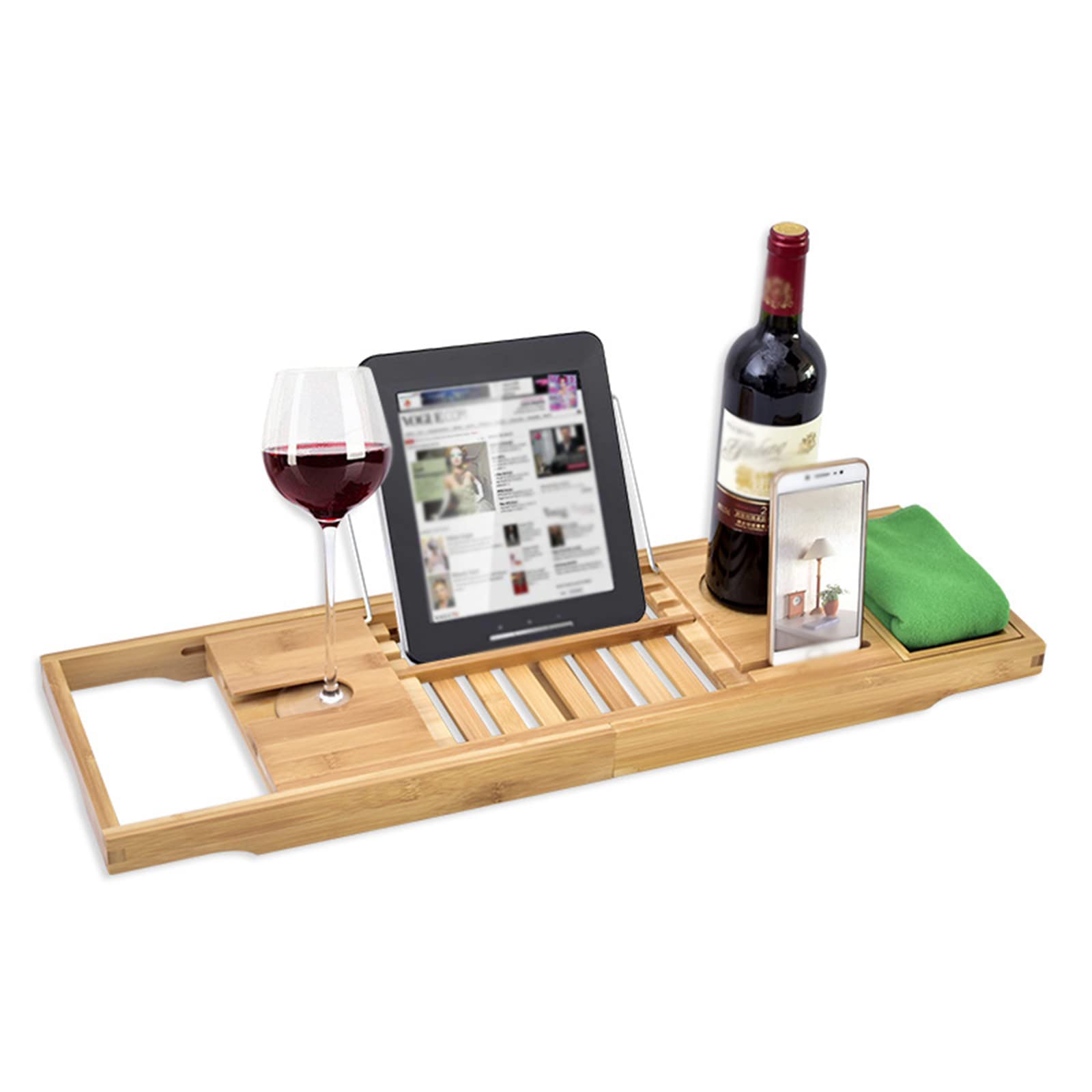 Premium Expandable Bamboo Bathtub Tray Caddy with Tablet Holder & Wine Glass Stand - Adjustable Bathroom Shelf for Reading, Relaxing & Spa Days - Perfect for Bubble Baths, Book Lovers & Self-Care Evenings
