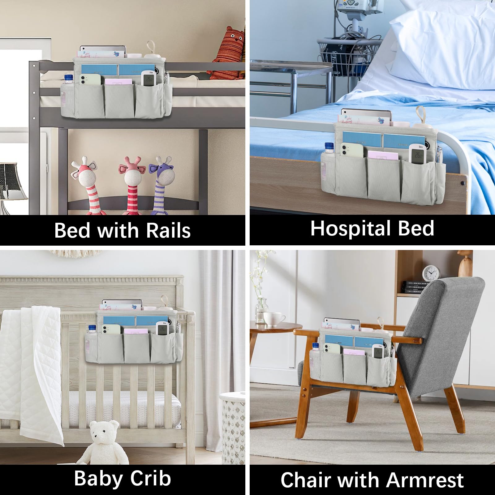 WOMACO Adjustable Bedside Storage Organizer - Light Mica Gray Hanging Basket for Bunk Beds, Loft Beds & College Dorms - Perfect for Books, Phones & Essentials - Medium Size CTB003 - Ideal for Dorm Rooms, Hospitals & Small Spaces