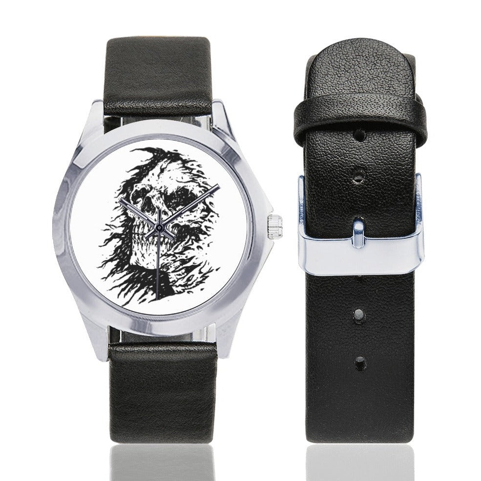 Grim Reaper Head Silver Tone Round Leather Watch for Men - Stylish Gothic Accessory for Halloween, Cosplay & Everyday Wear