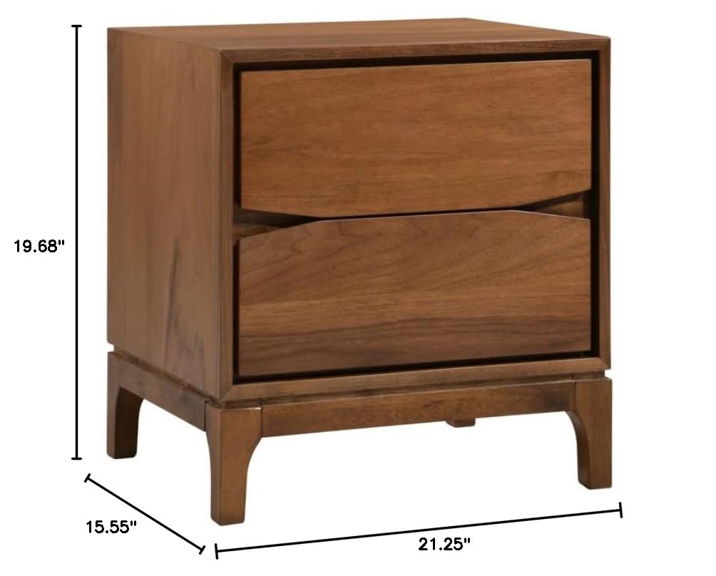 Monte Rosa 2 Drawer Solid Walnut Wood Nightstand - Bedside Table for Bedroom with Storage, Perfect for Small Spaces & Modern Home Decor