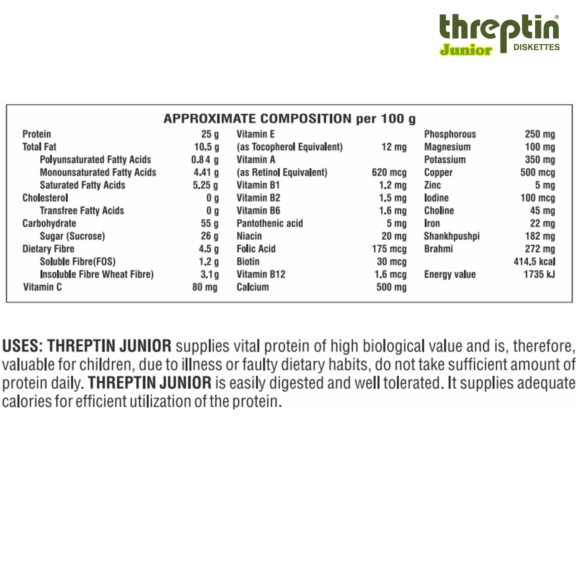 THREPTIN Junior-Protein Diskettes - Healthy Protein Snacks for Kids, 250g | Casein Protein with Calcium, Vitamins, Minerals, Shankhpushpi & Brahmi | No Maida, 100% Vegetarian | Perfect for School Lunch, After-School Snacks & Travel Nutrition