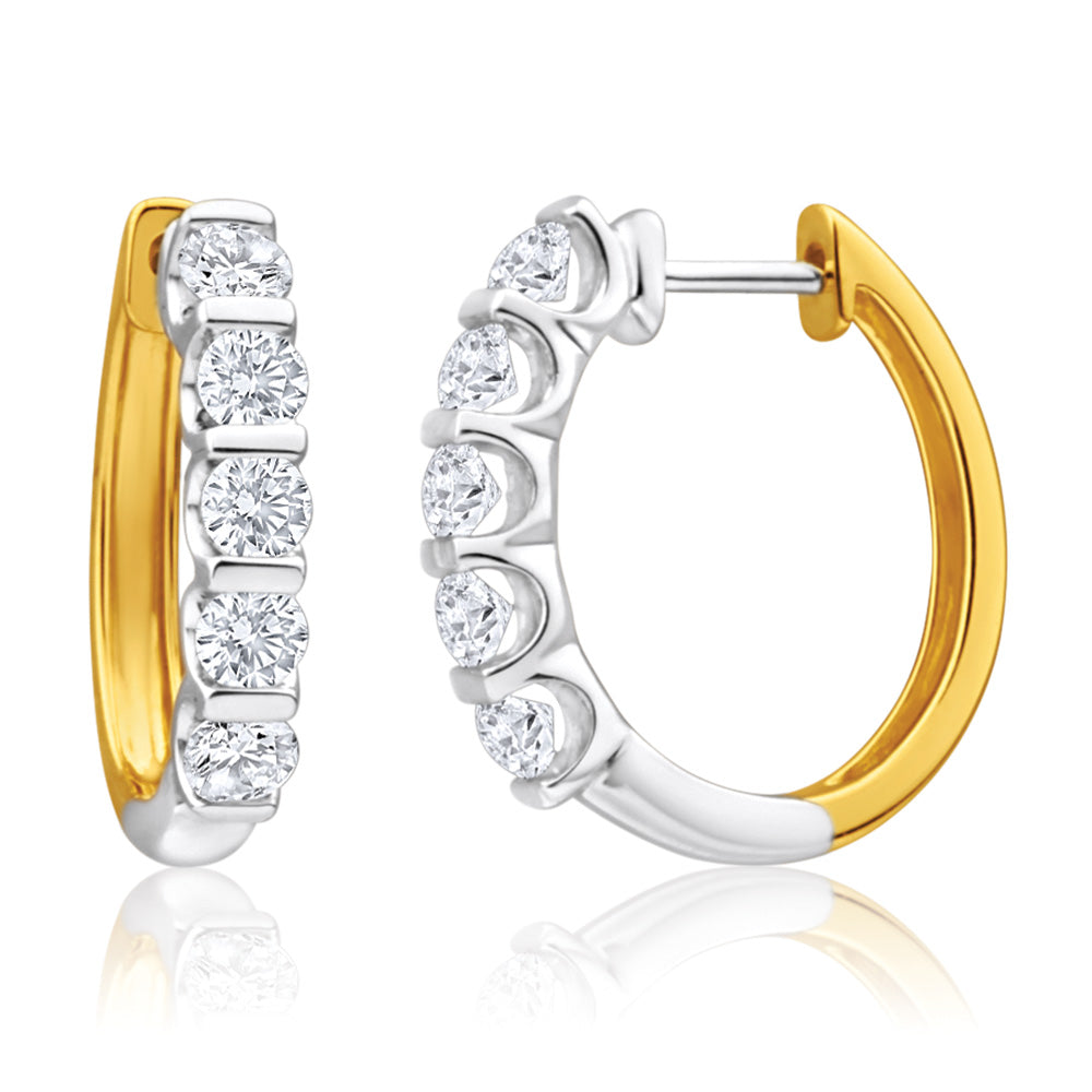 9ct Yellow & White Gold 1 Carat Diamond Hoop Earrings for Women - Elegant Dangle Earrings for Wedding, Party & Everyday Wear