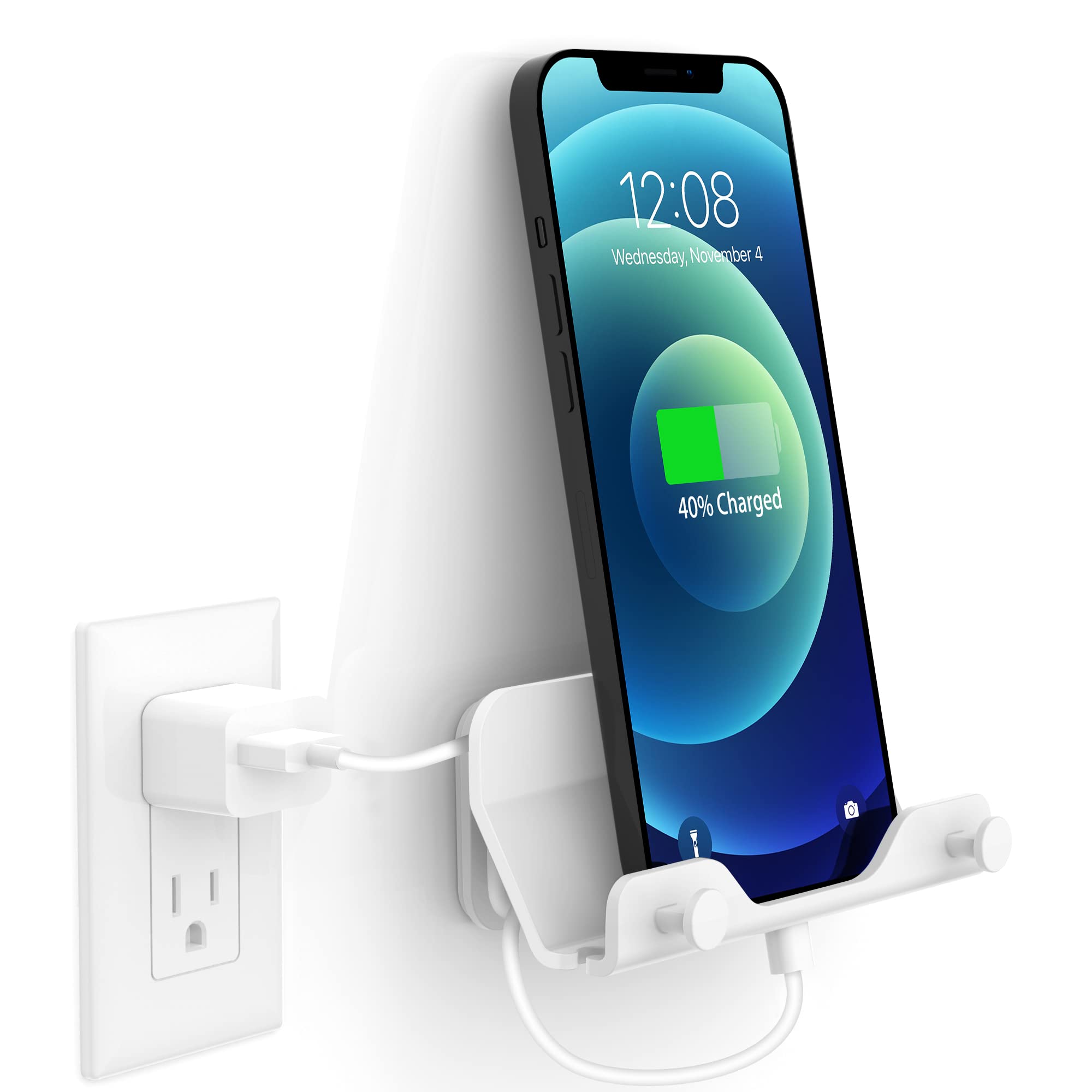 Hands Free Wall Mount Phone Holder with Adhesive Strip - Universal Compatible with All Smartphones & Mini iPads - White - Perfect for Bedroom, Living Room & Kitchen - Watch Videos, Follow Recipes & Video Chat Hands-Free