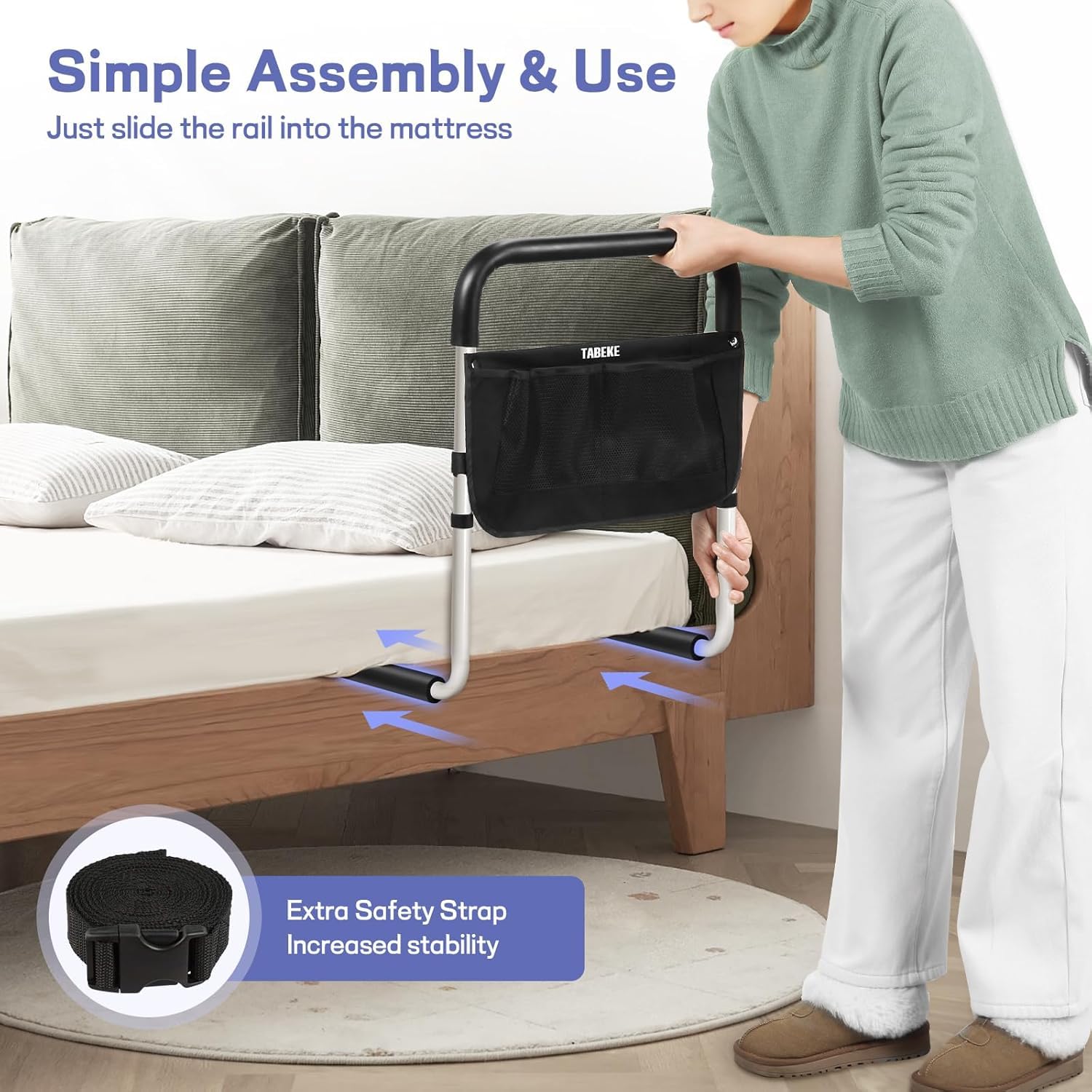 TABEKE Adjustable Bed Rails for Elderly Adults - Safety Bed Assist Rail with Non-Slip Handle & Double Side Storage Pockets - Fits King, Queen, Full, Twin Size Beds - Ideal for Senior Home Care & Fall Prevention