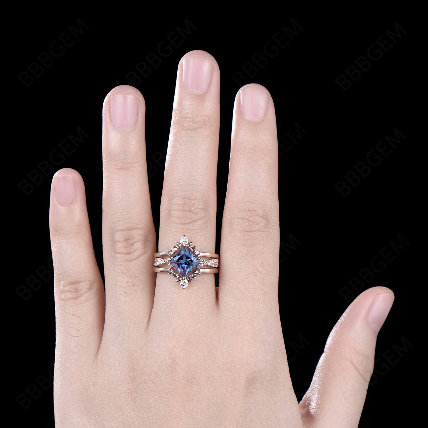 3-Piece Alexandrite Engagement Ring Set | Infinity Twist Moissanite & Diamond Wedding Ring in 14K Rose Gold | Princess Cut Alexandrite Bridal Jewelry Set for Proposals, Anniversaries & Special Occasions